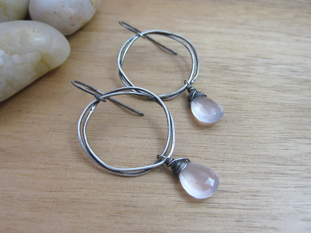 Rose Quartz Oxidized Sterling Silver Organic Circle Dangle Earrings