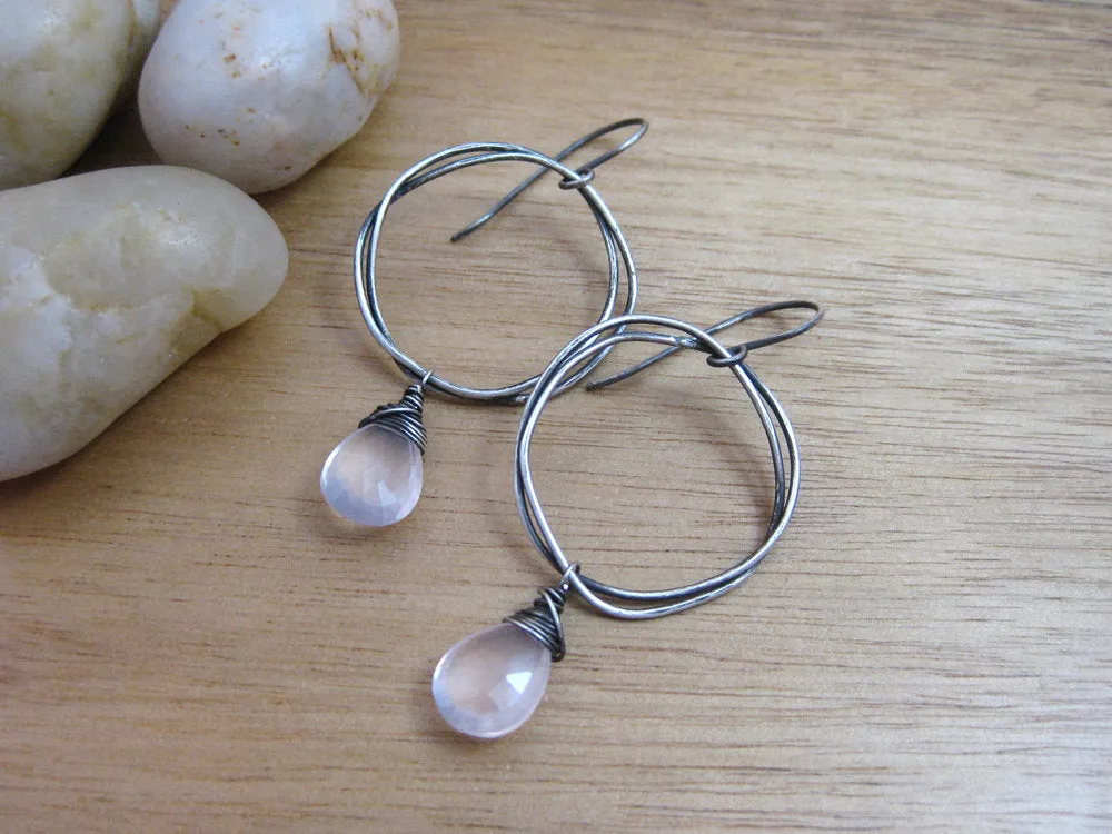 Rose Quartz Oxidized Sterling Silver Organic Circle Dangle Earrings