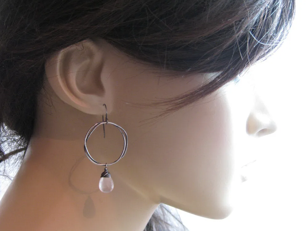 Rose Quartz Oxidized Sterling Silver Organic Circle Dangle Earrings