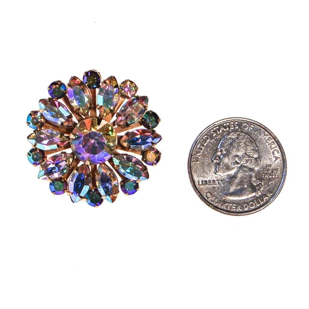 Round Aurora Borealis Rhinestone Brooch, Pin