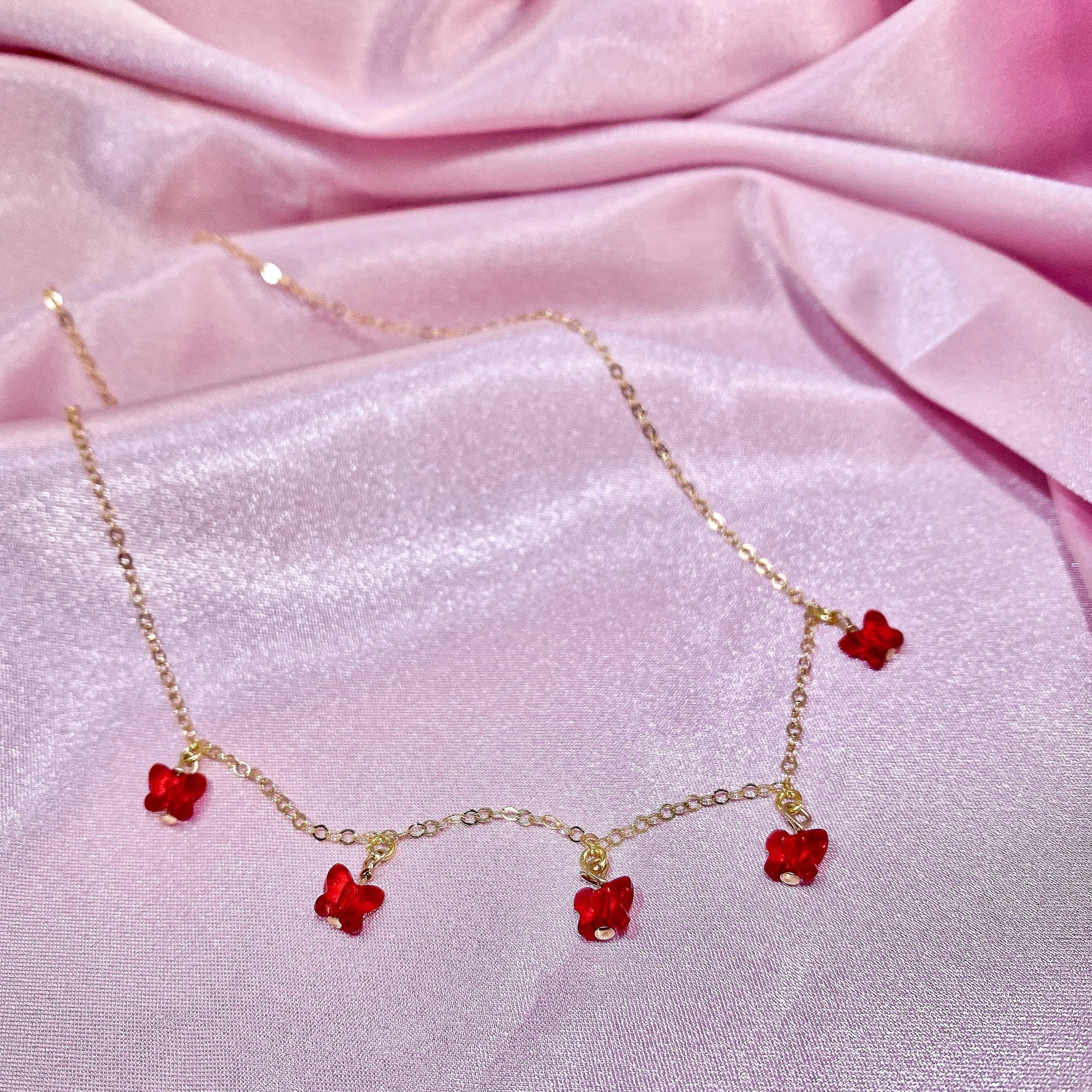 Ruby Red Butterfly Choker 14K Gold Necklace