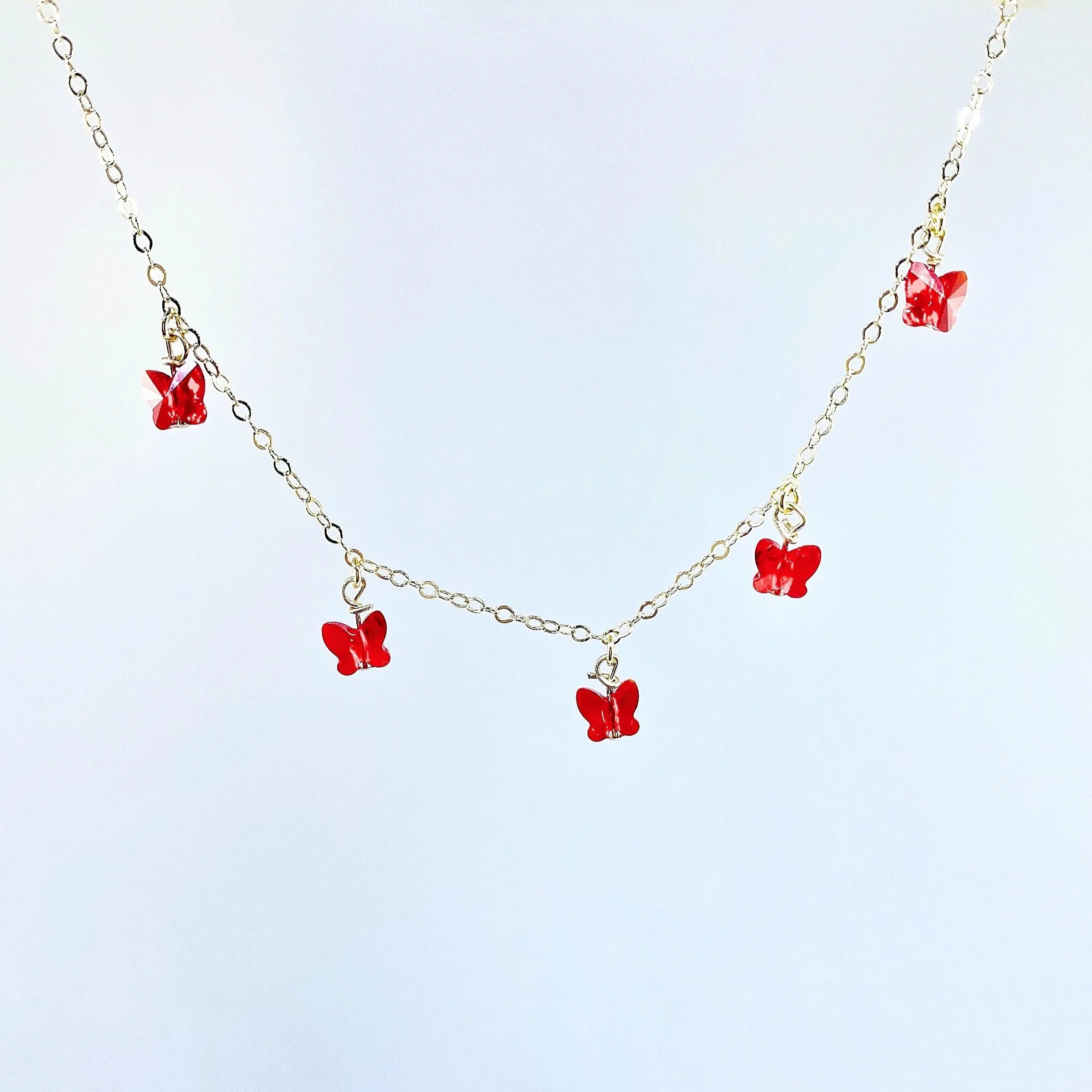 Ruby Red Butterfly Choker 14K Gold Necklace
