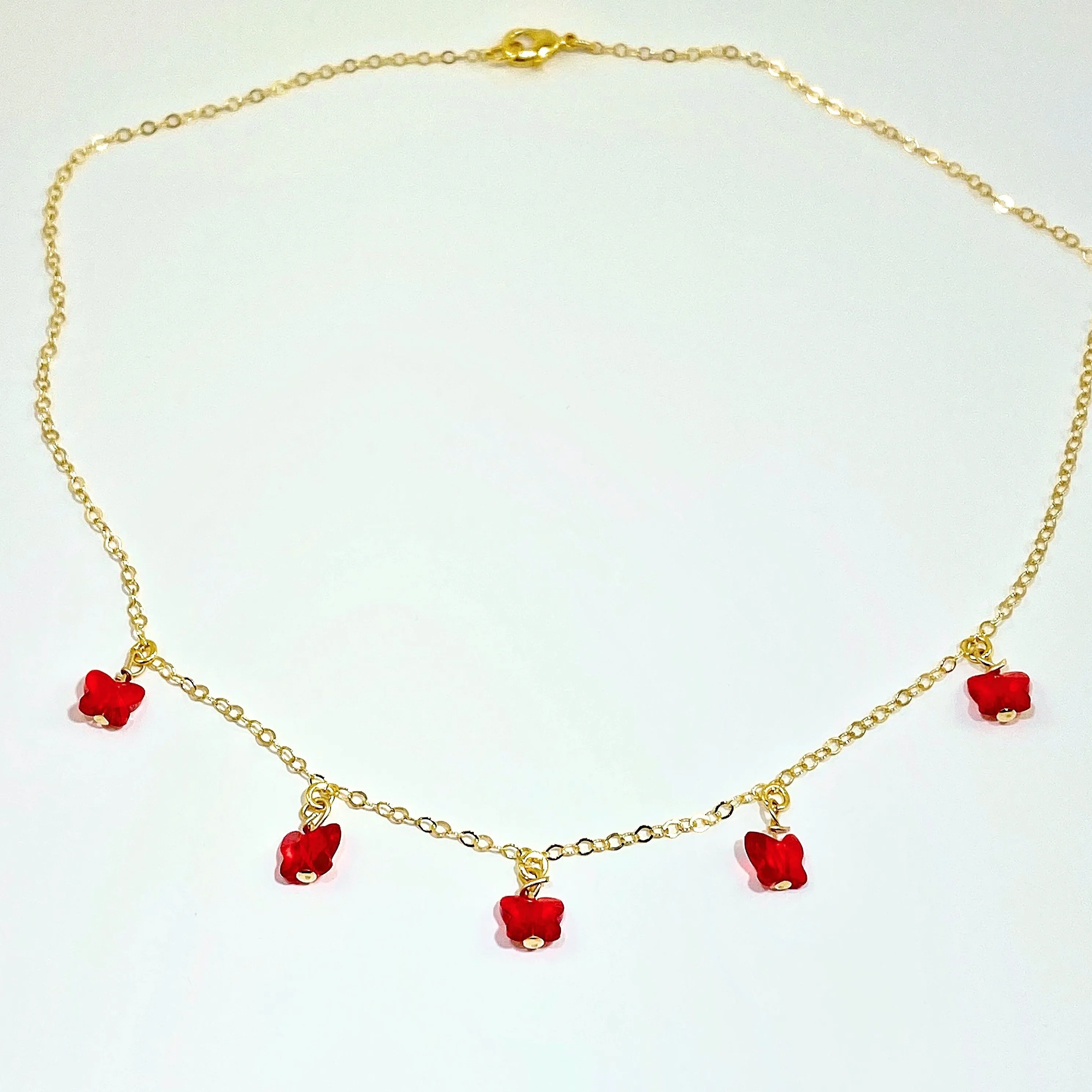 Ruby Red Butterfly Choker 14K Gold Necklace