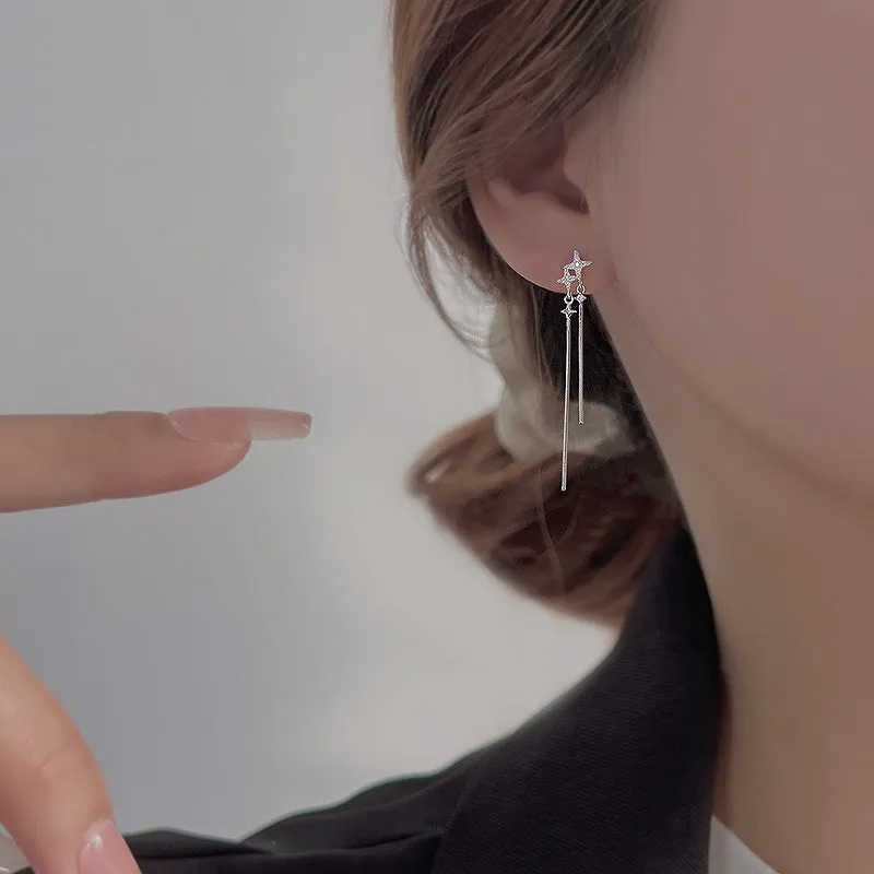 S925 Silver Irregular Cross Zircon Tassel Drop Earrings