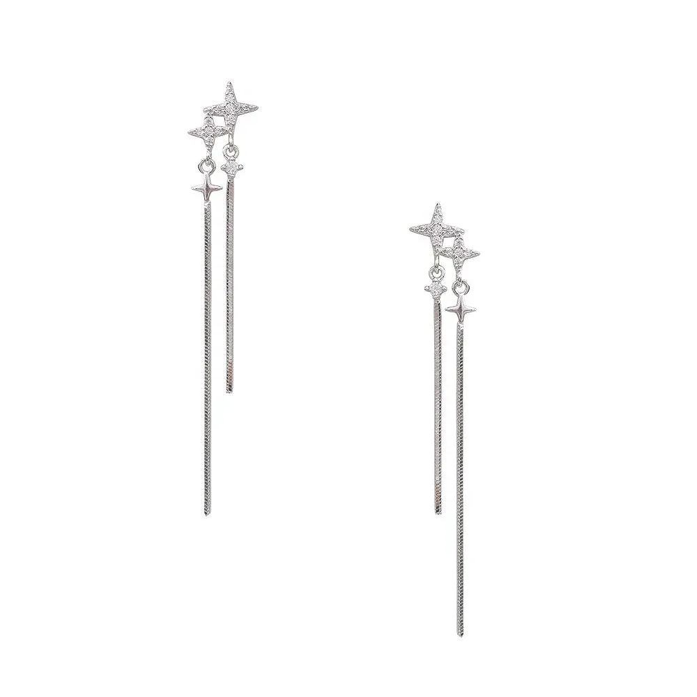 S925 Silver Irregular Cross Zircon Tassel Drop Earrings