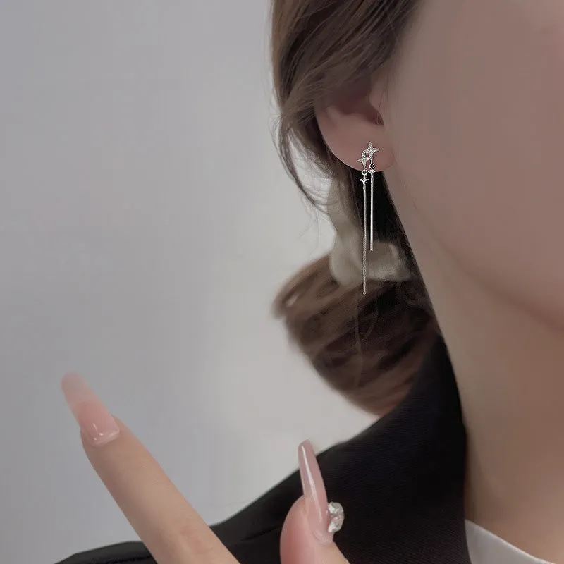 S925 Silver Irregular Cross Zircon Tassel Drop Earrings