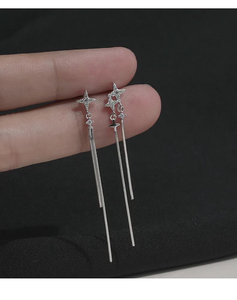 S925 Silver Irregular Cross Zircon Tassel Drop Earrings