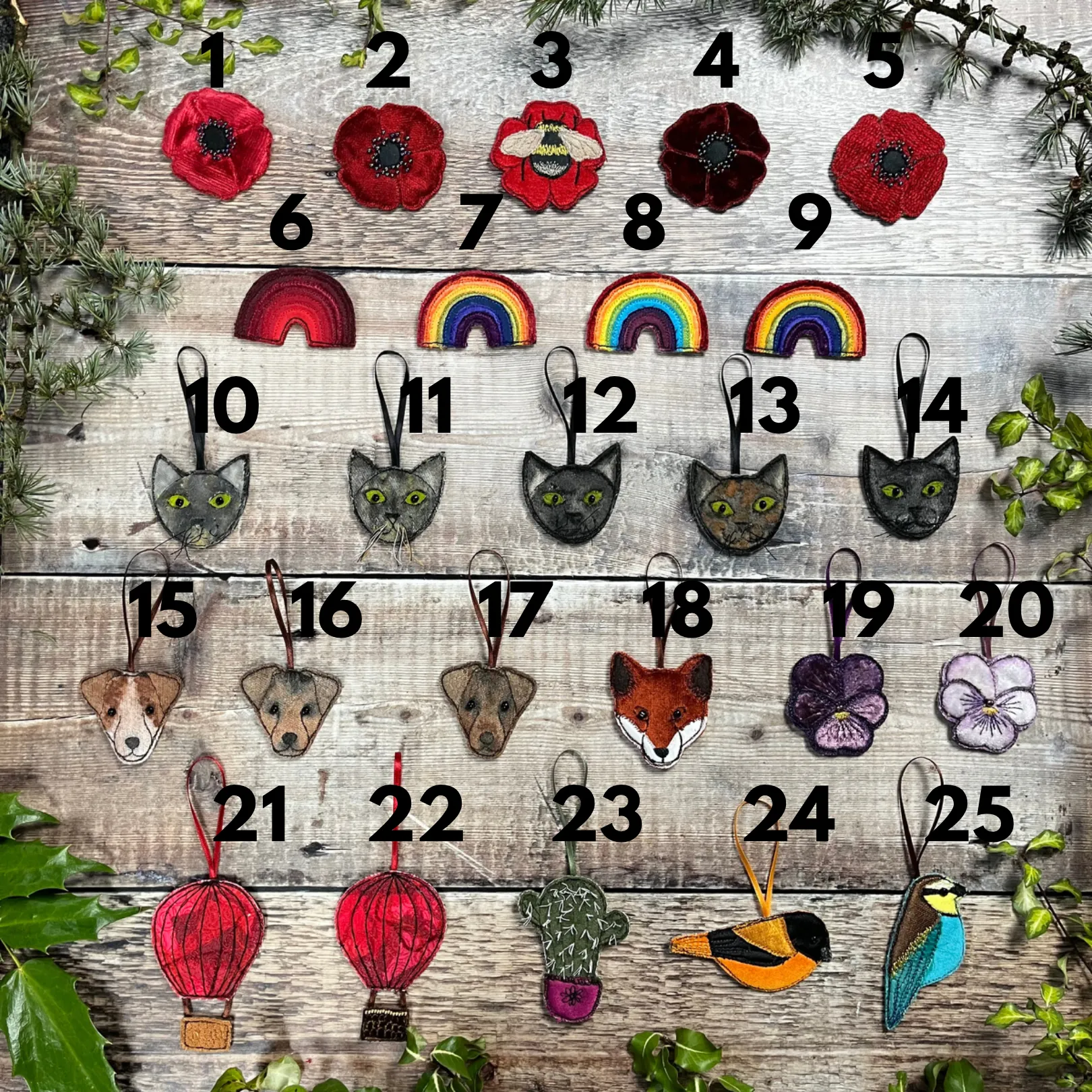 SALE! Bird and flower brooches, mosaic numbers and vases