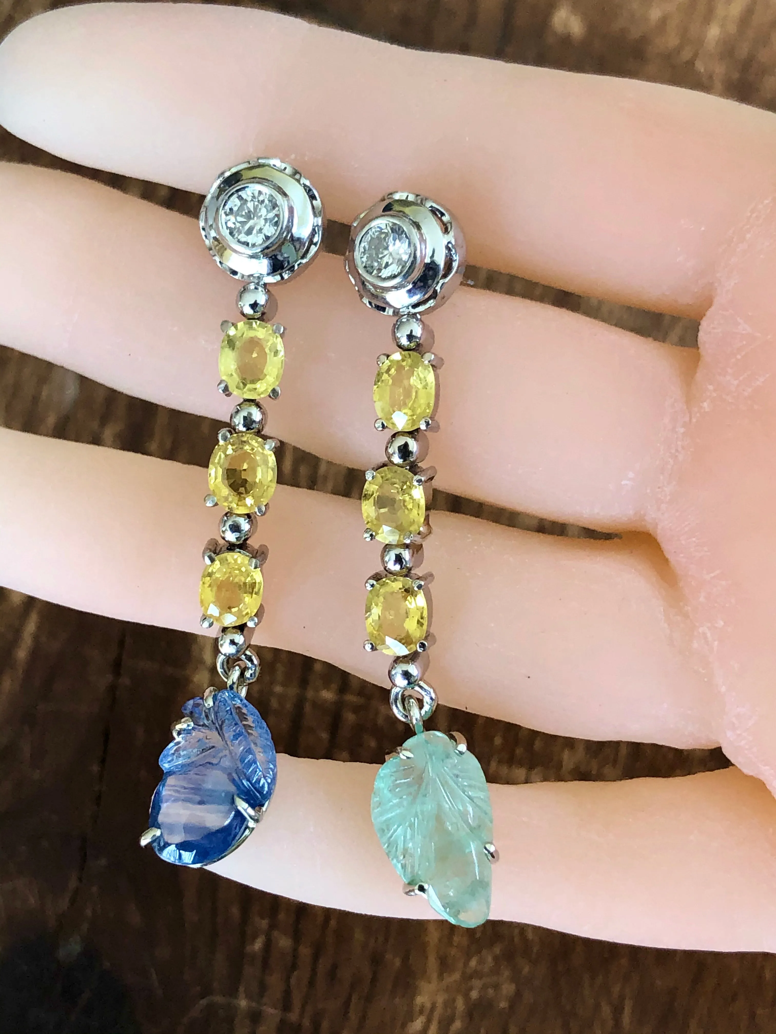 Sapphire Emerald and Diamond Drop 18 Karat Gold Earrings