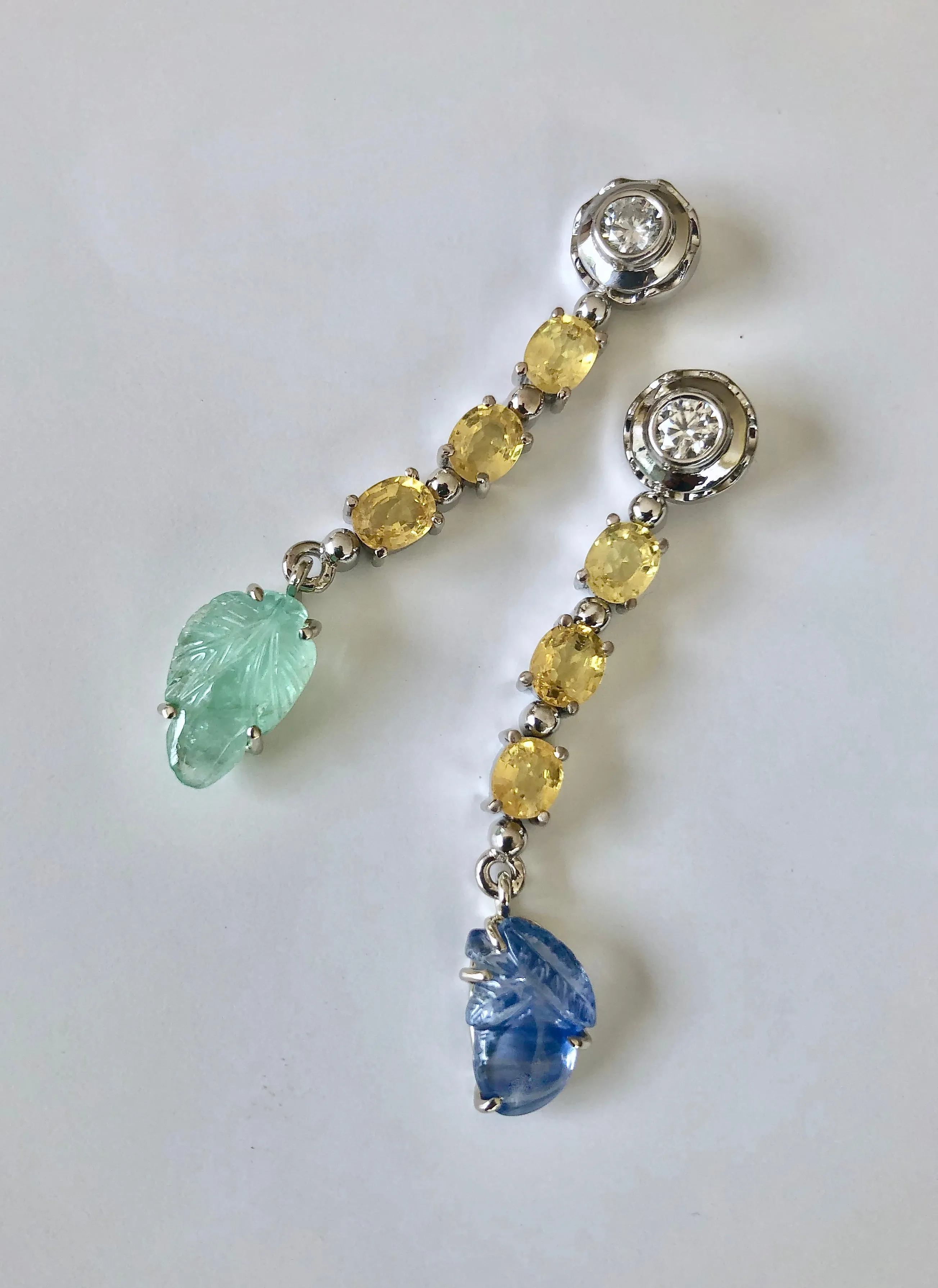 Sapphire Emerald and Diamond Drop 18 Karat Gold Earrings