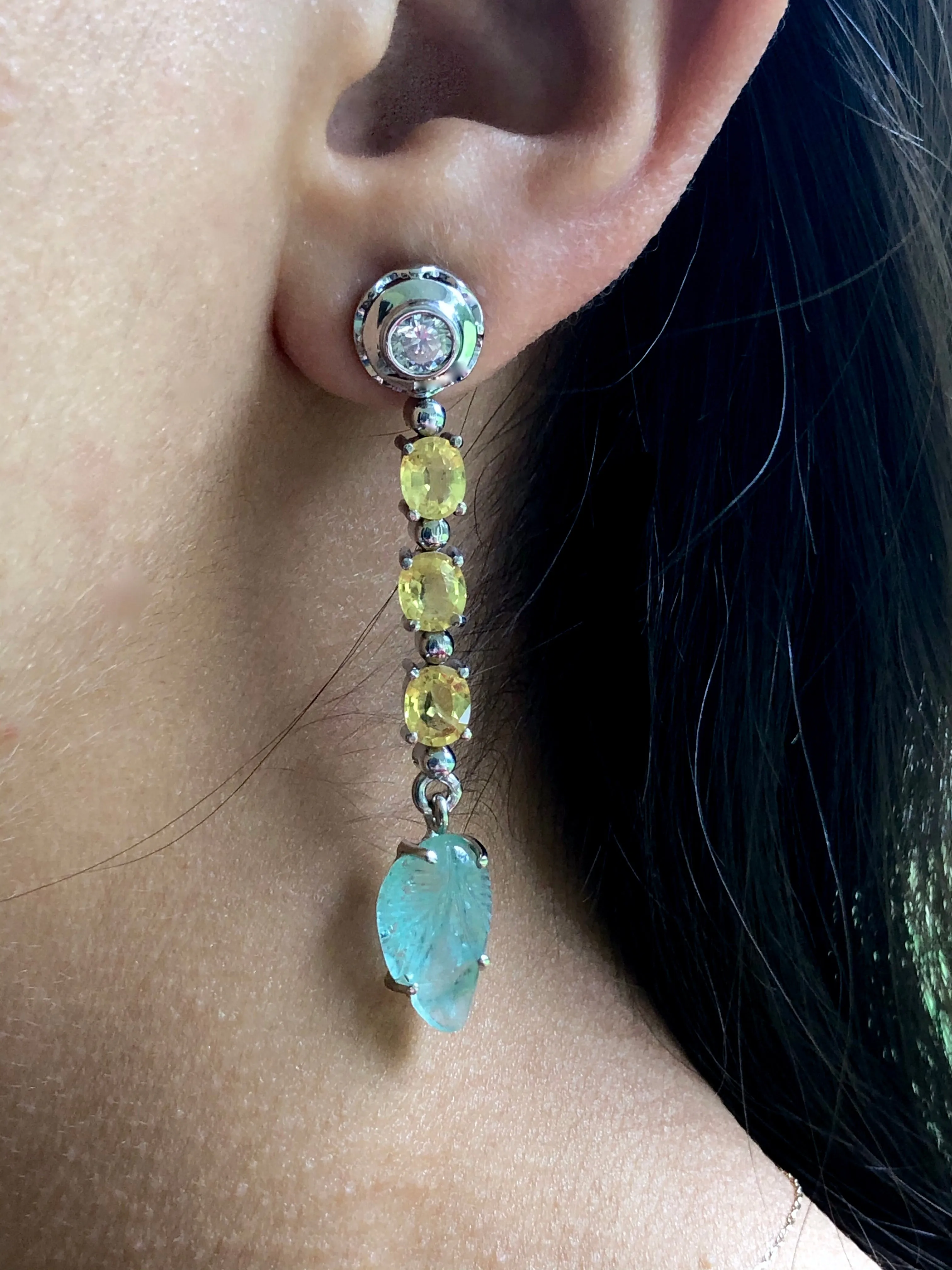Sapphire Emerald and Diamond Drop 18 Karat Gold Earrings