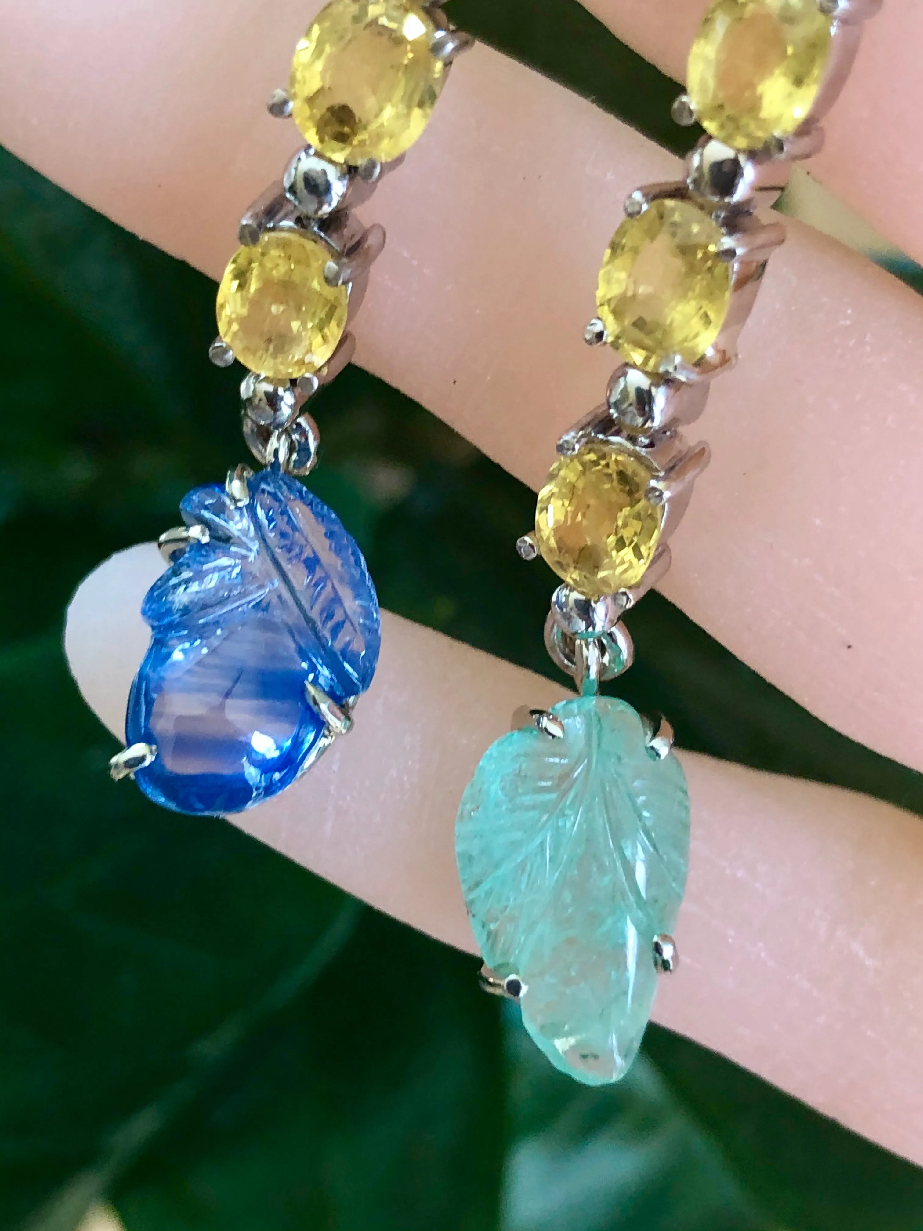 Sapphire Emerald and Diamond Drop 18 Karat Gold Earrings