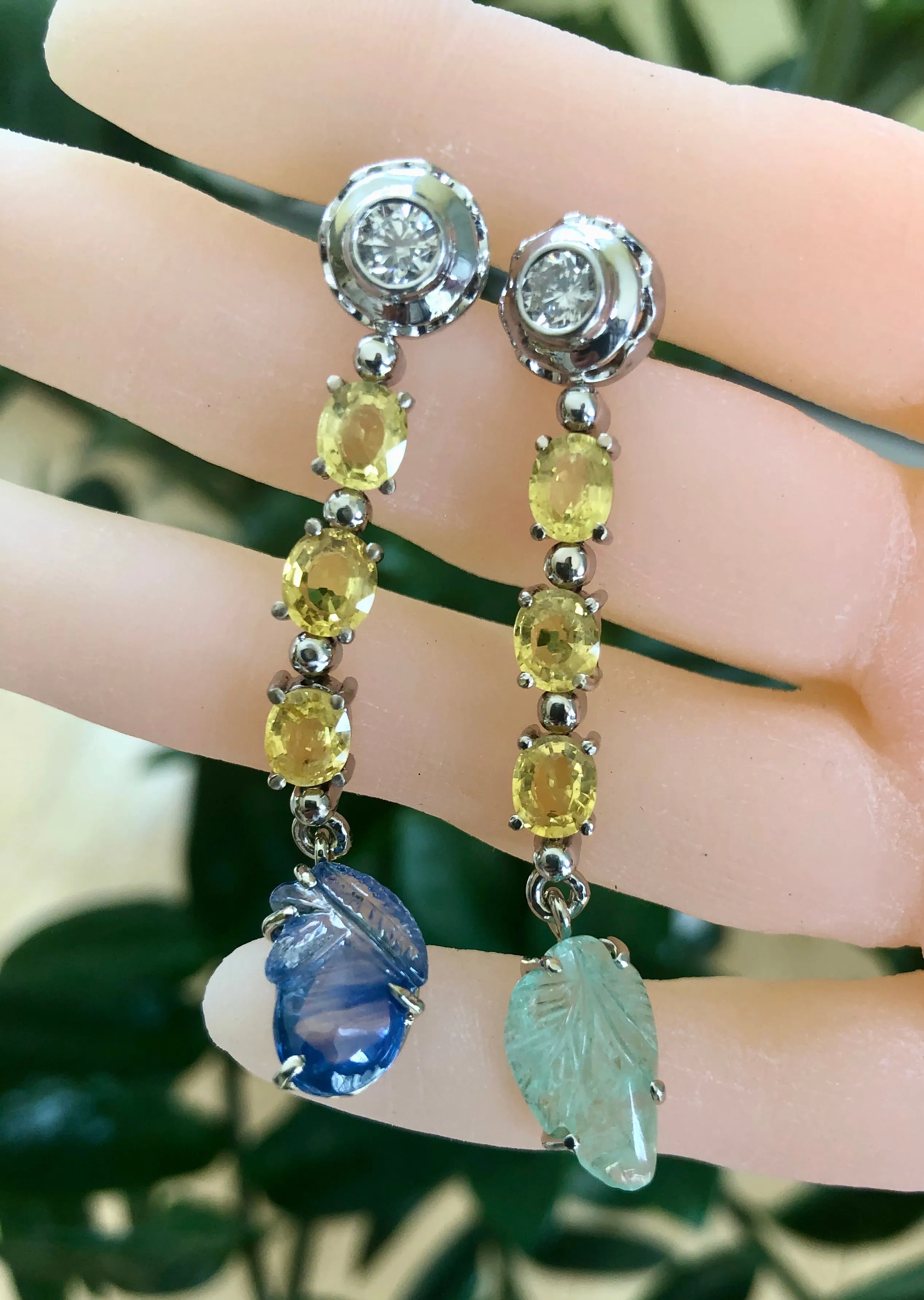 Sapphire Emerald and Diamond Drop 18 Karat Gold Earrings