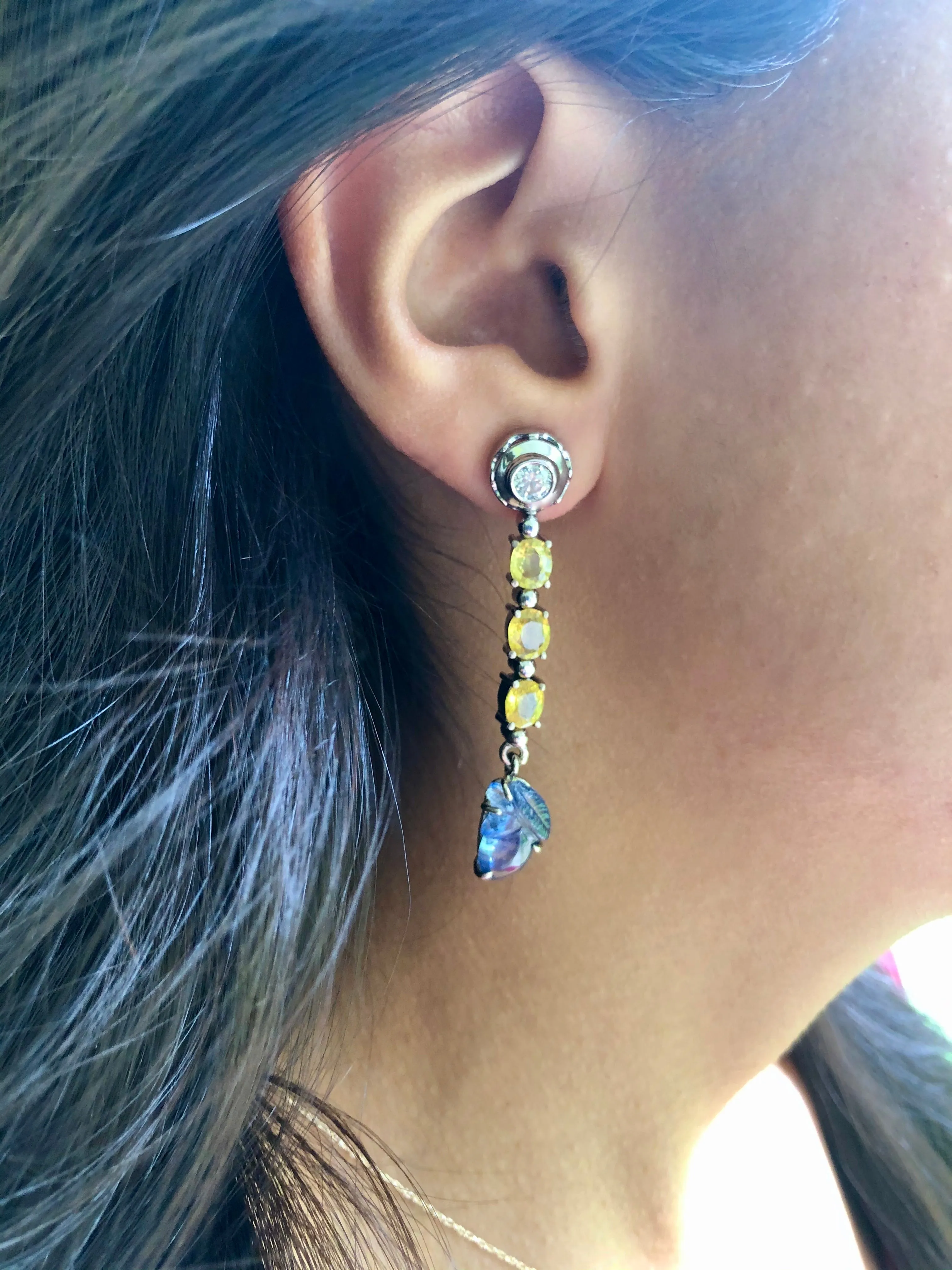 Sapphire Emerald and Diamond Drop 18 Karat Gold Earrings