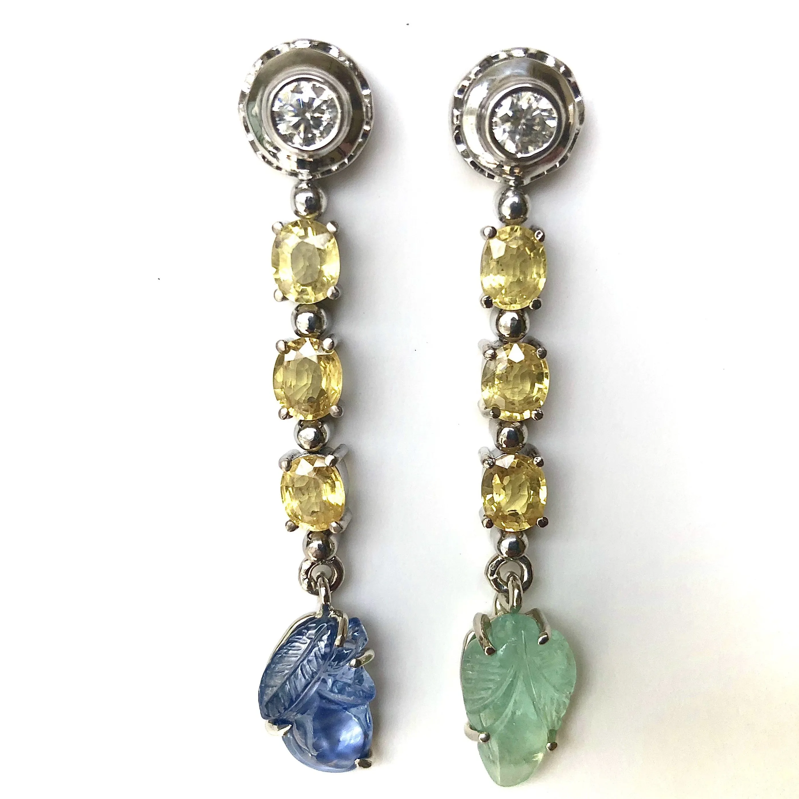 Sapphire Emerald and Diamond Drop 18 Karat Gold Earrings