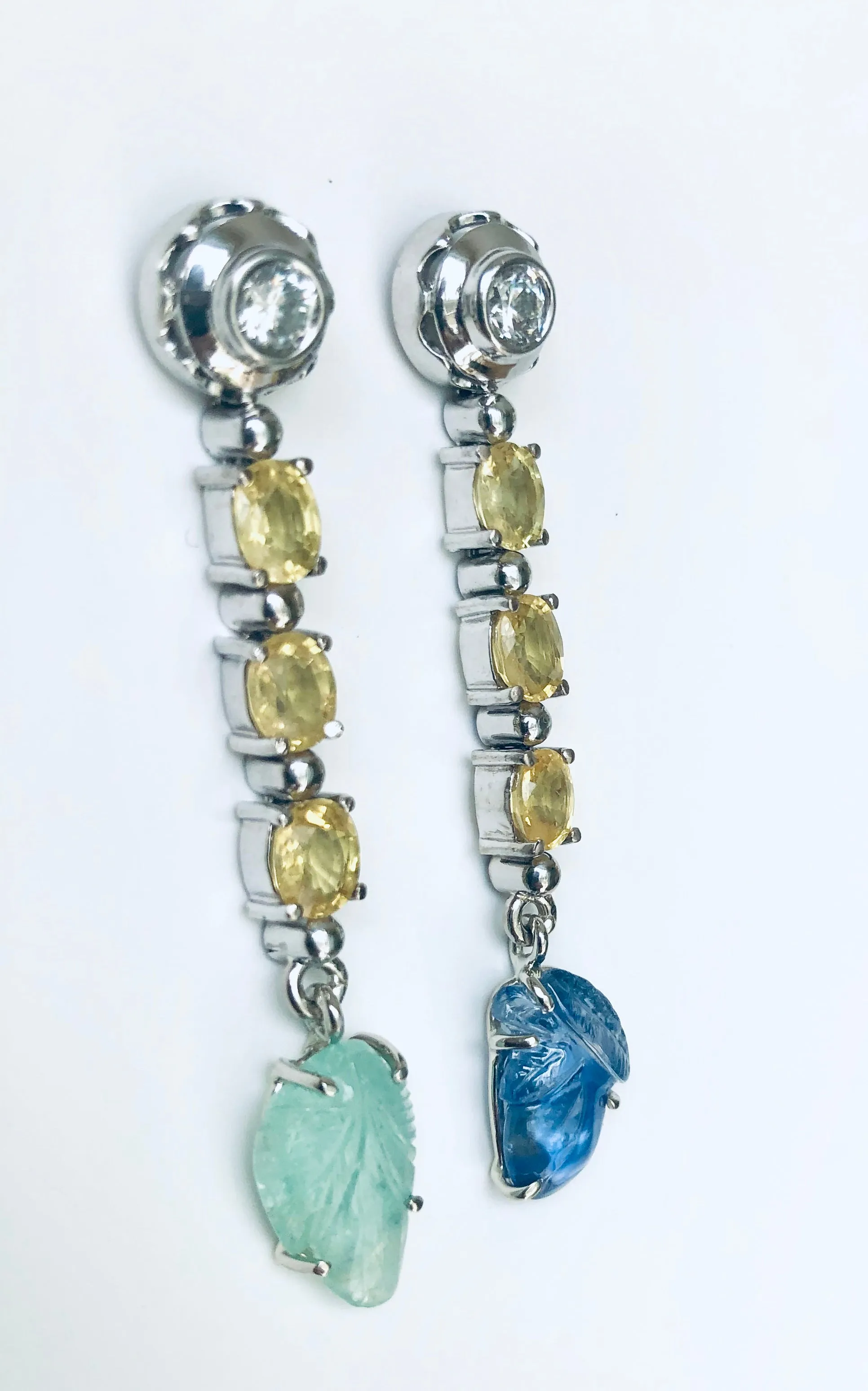 Sapphire Emerald and Diamond Drop 18 Karat Gold Earrings