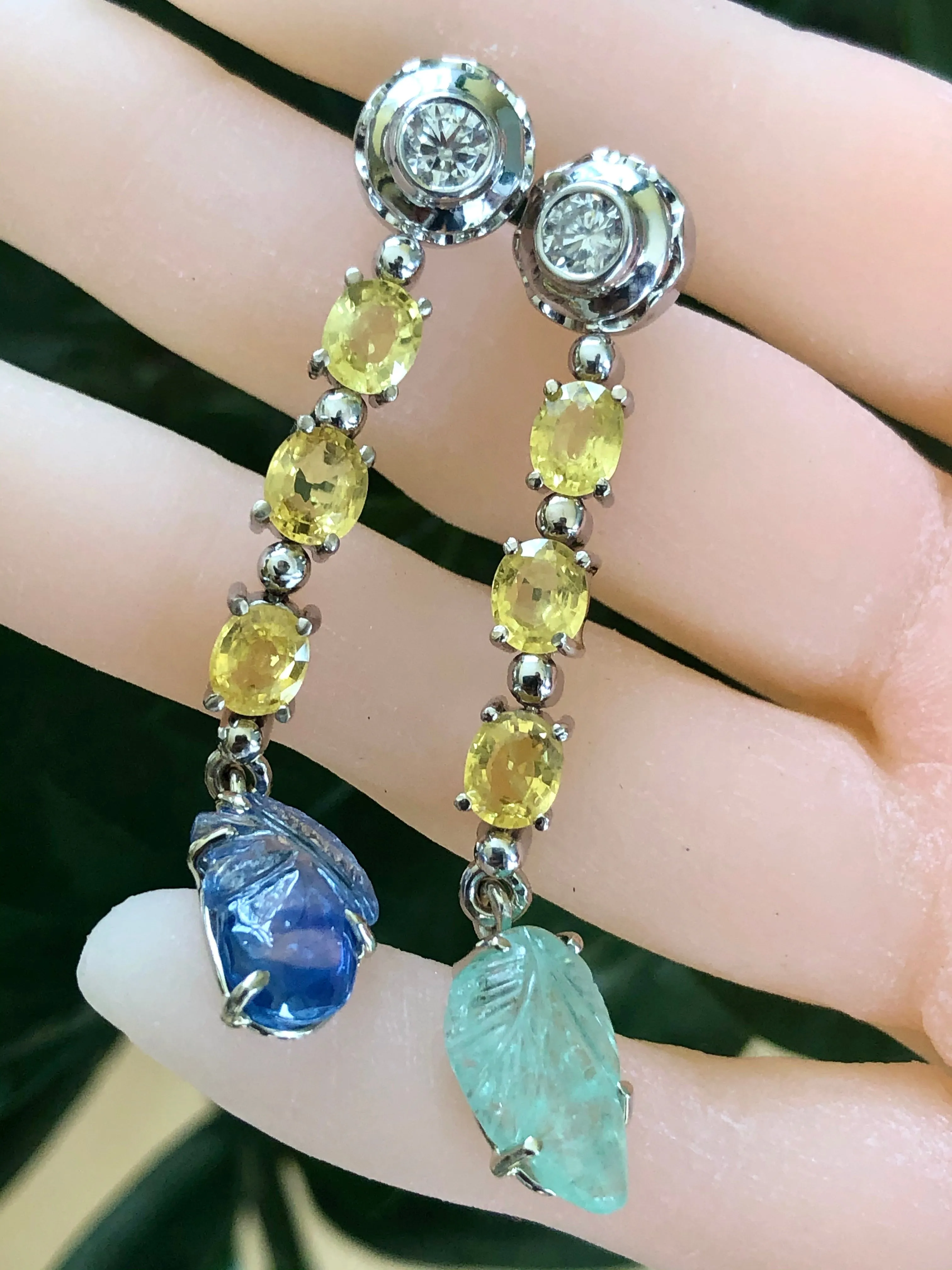 Sapphire Emerald and Diamond Drop 18 Karat Gold Earrings