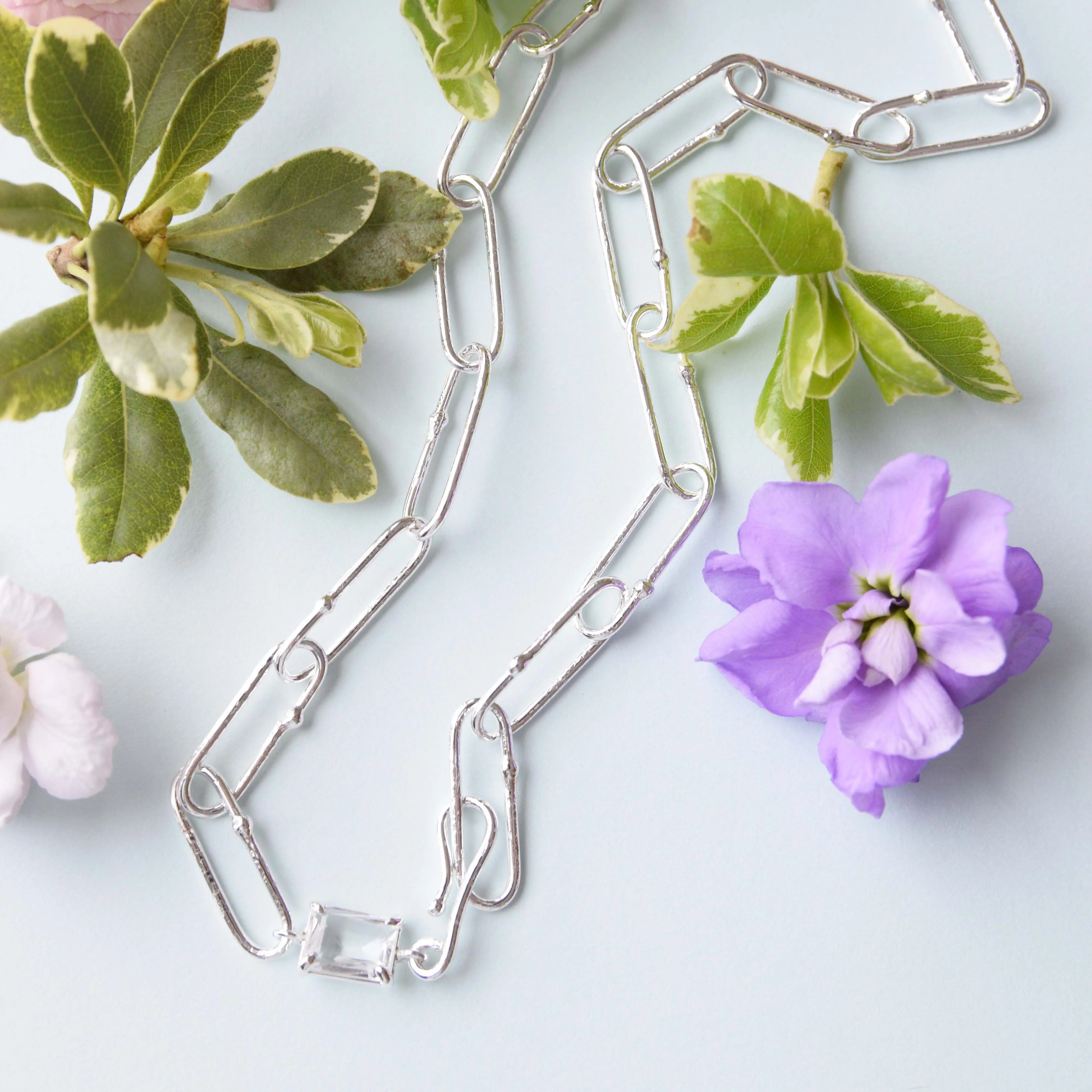 Shimmer Long Link Choker in White Topaz