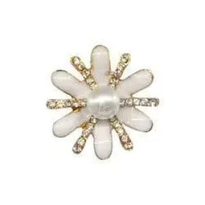 Shoe charm brooch - Flower white on gold with diamonds and standing pearl