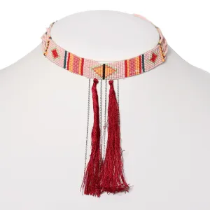 SILVER BABY PINK AND BURGUNDY TASSEL CHOKER NECKLACE #ADX0088038 (SHC4)