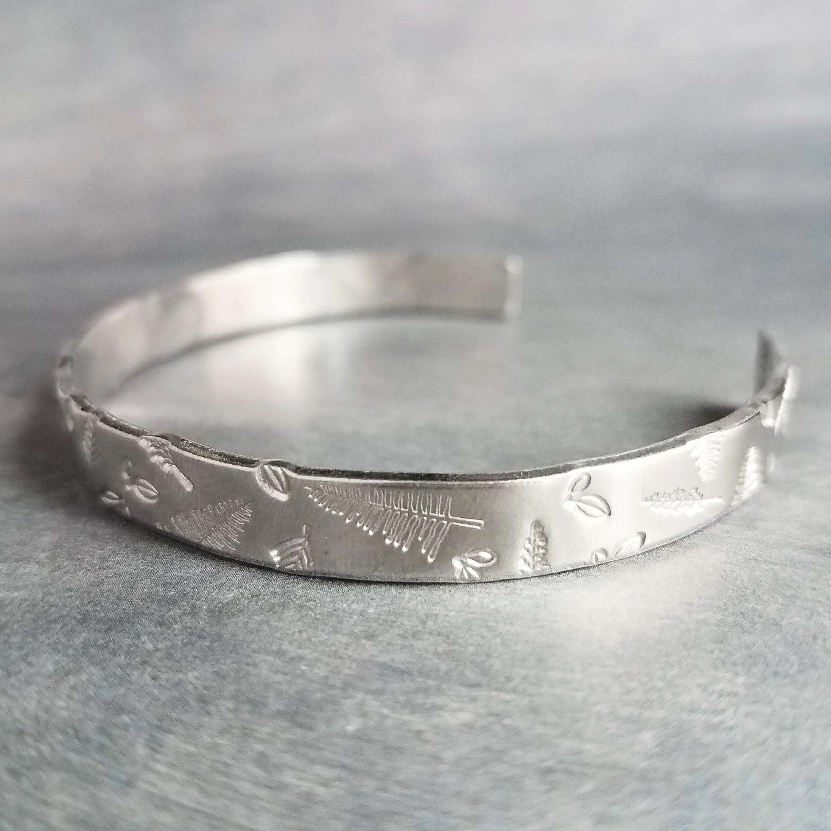 Silver Cuff Bracelet, unisex bracelet, hand stamped cuff, outdoors bracelet, trees leaves branches, forest cuff, woods bracelet, stacking