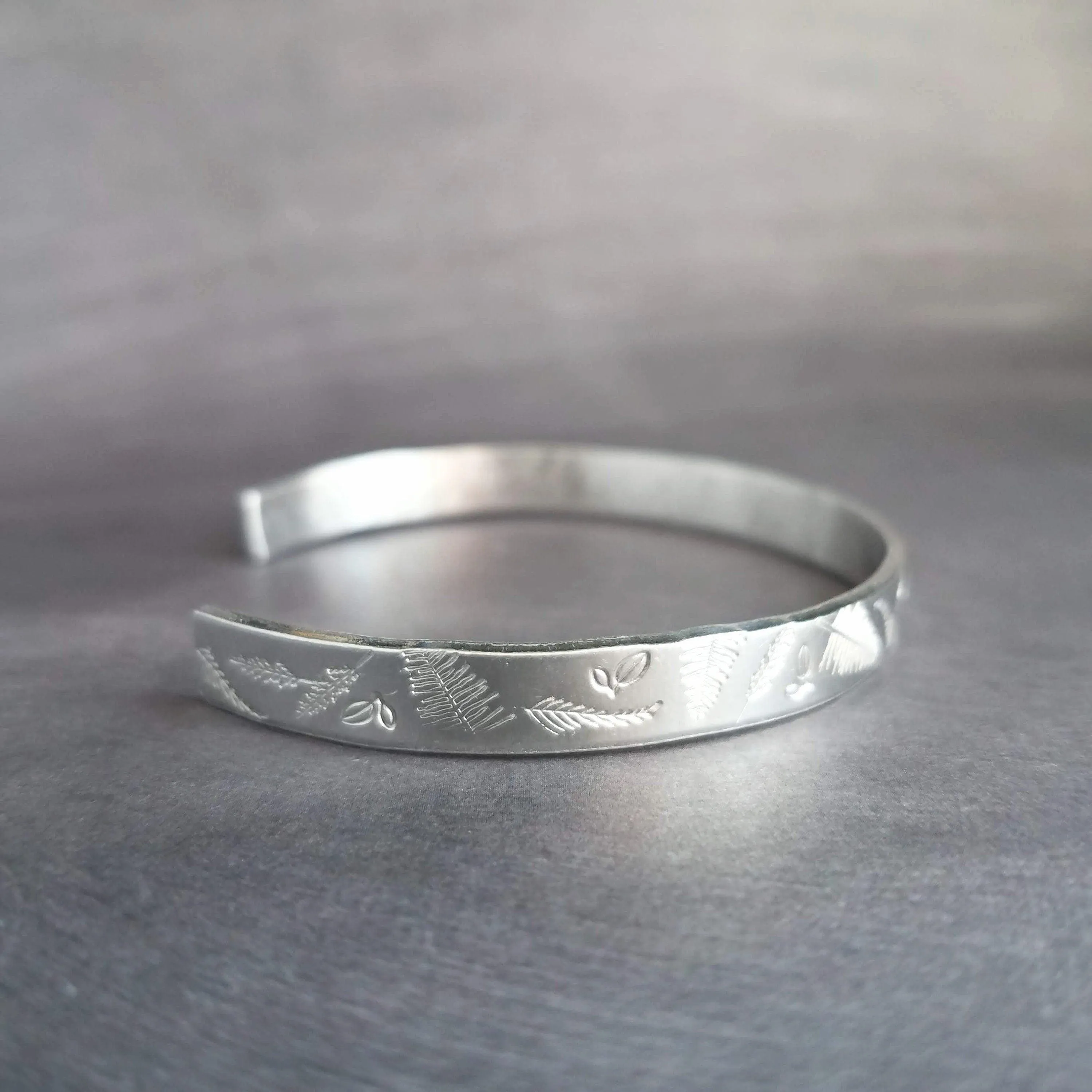 Silver Cuff Bracelet, unisex bracelet, hand stamped cuff, outdoors bracelet, trees leaves branches, forest cuff, woods bracelet, stacking