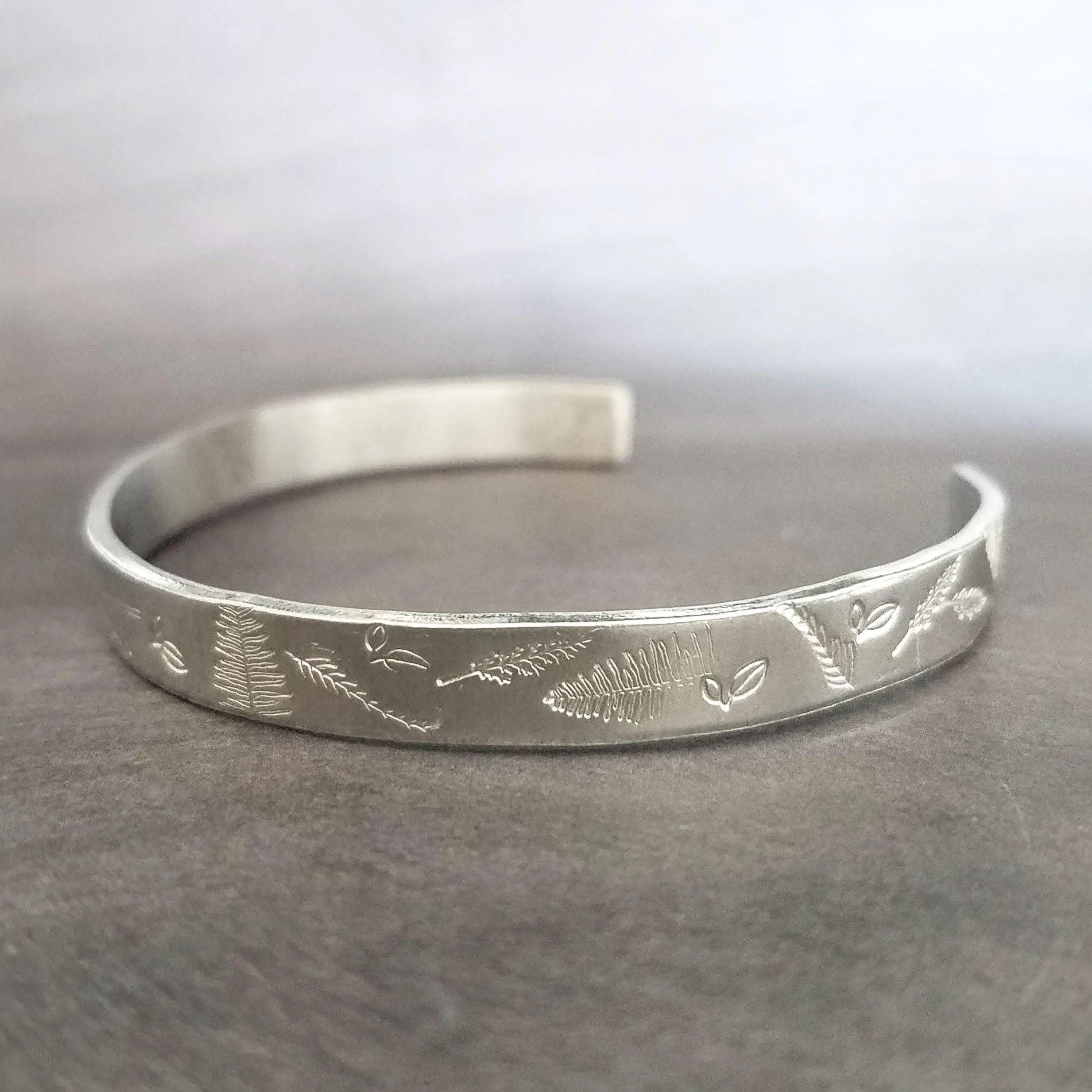 Silver Cuff Bracelet, unisex bracelet, hand stamped cuff, outdoors bracelet, trees leaves branches, forest cuff, woods bracelet, stacking