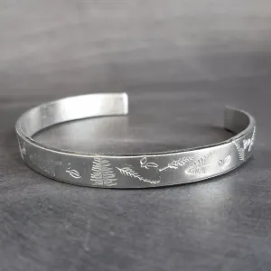 Silver Cuff Bracelet, unisex bracelet, hand stamped cuff, outdoors bracelet, trees leaves branches, forest cuff, woods bracelet, stacking