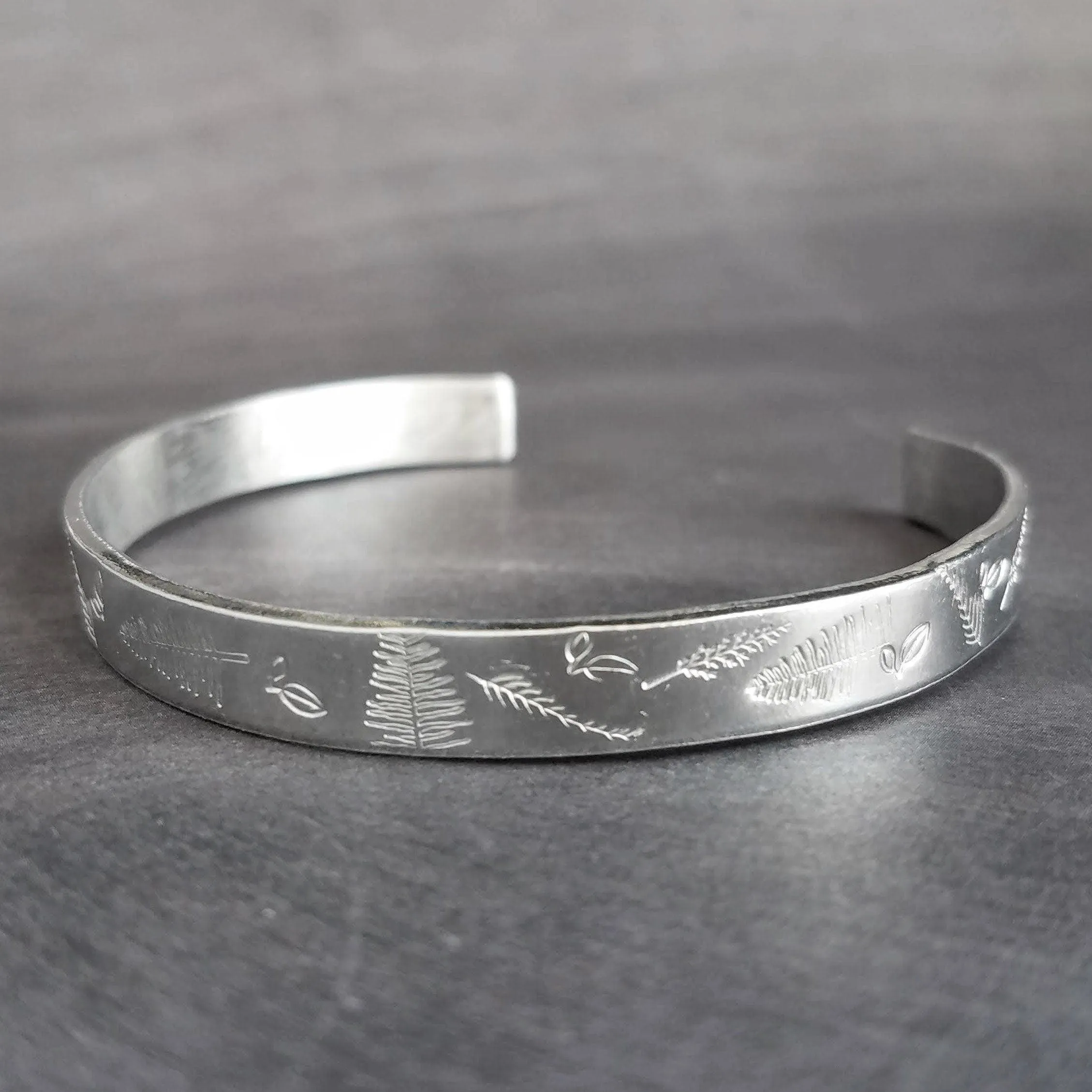 Silver Cuff Bracelet, unisex bracelet, hand stamped cuff, outdoors bracelet, trees leaves branches, forest cuff, woods bracelet, stacking