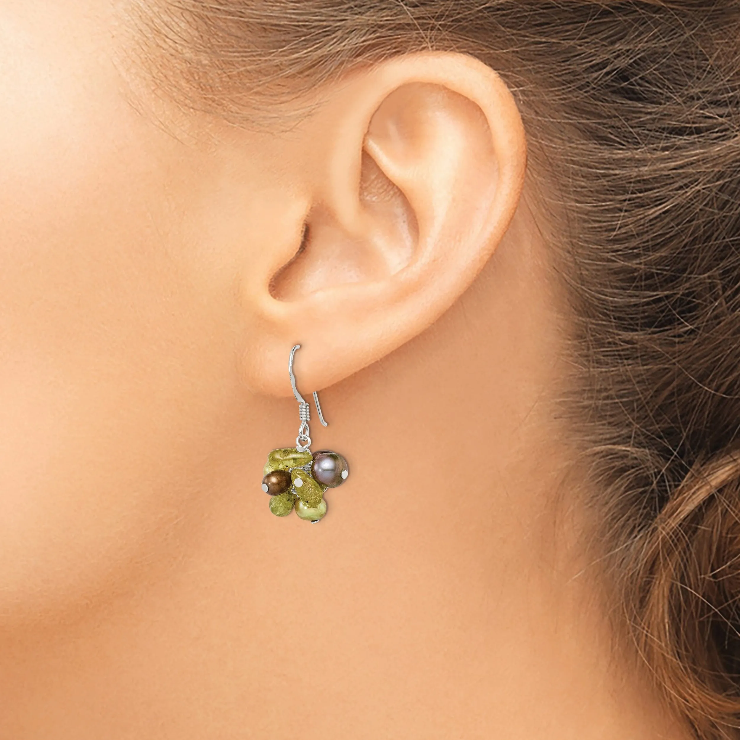 Silver Green Pearl Peridot Dangle Earrings