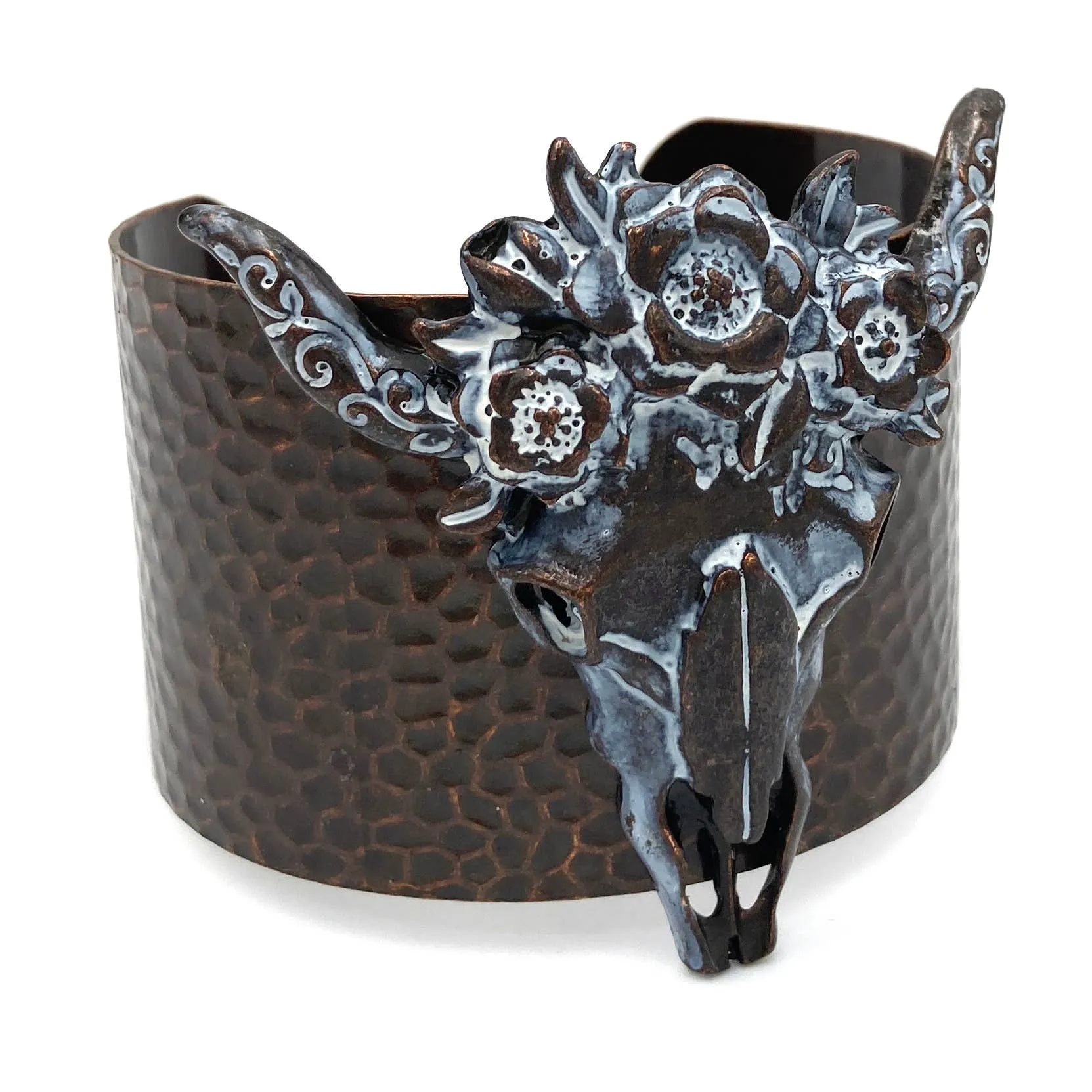 Silver Longhorn Skull Bohemian Flowers Western Wide Cuff Bracelet: