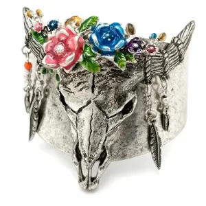 Silver Longhorn Skull Bohemian Flowers Western Wide Cuff Bracelet: