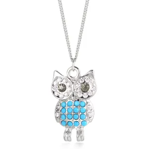 SILVER MULTI COLOR TURQUOISE AQUA AND WHITE CRYSTAL OWL NECKLACE  #FW1404409 (GC10/GC9)