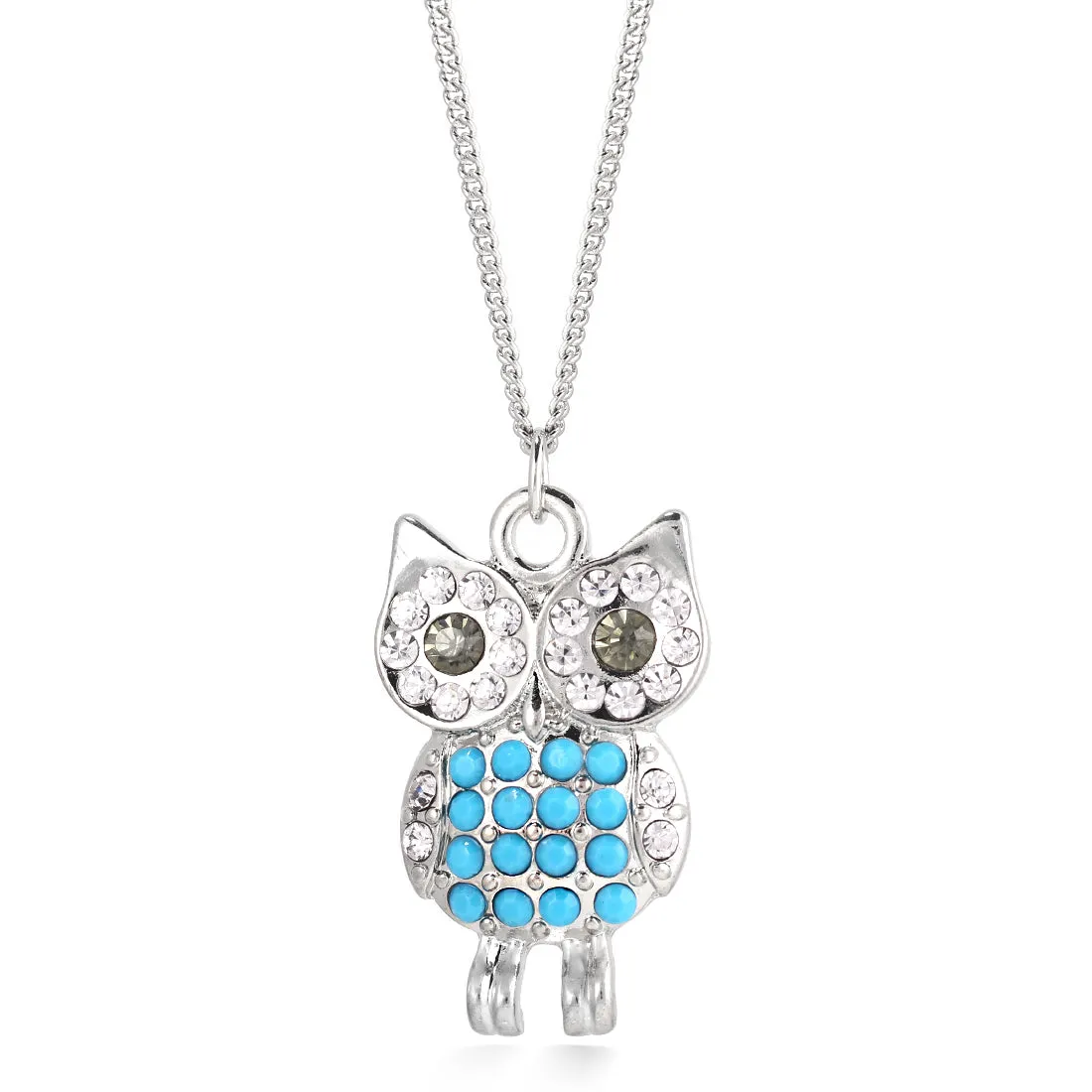 SILVER MULTI COLOR TURQUOISE AQUA AND WHITE CRYSTAL OWL NECKLACE  #FW1404409 (GC10/GC9)