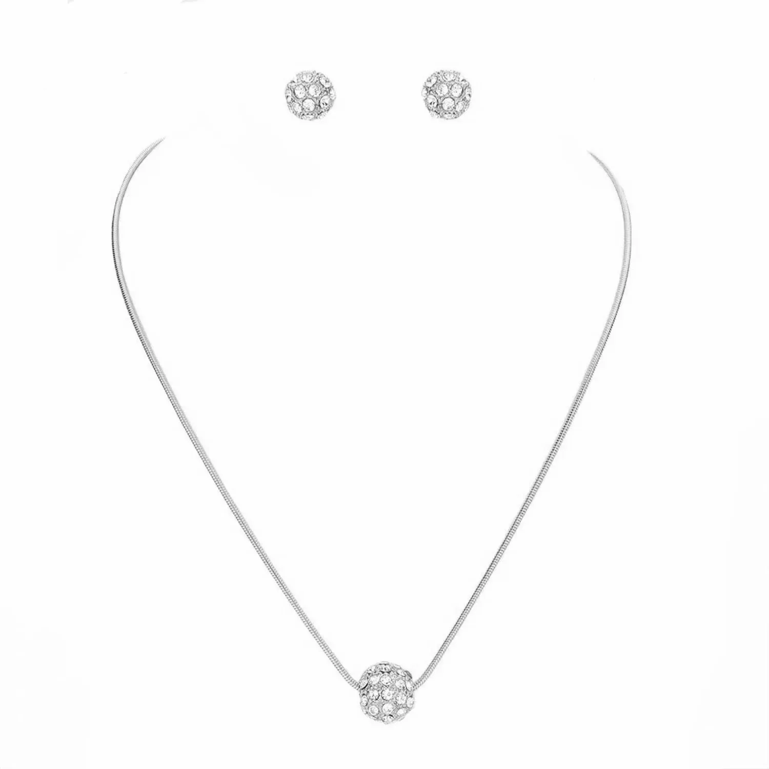 SILVER Pave Crystal Ball Pendant Necklace And Earrings Set #HNN E3155-SIL/CRY (RD17/RC18)