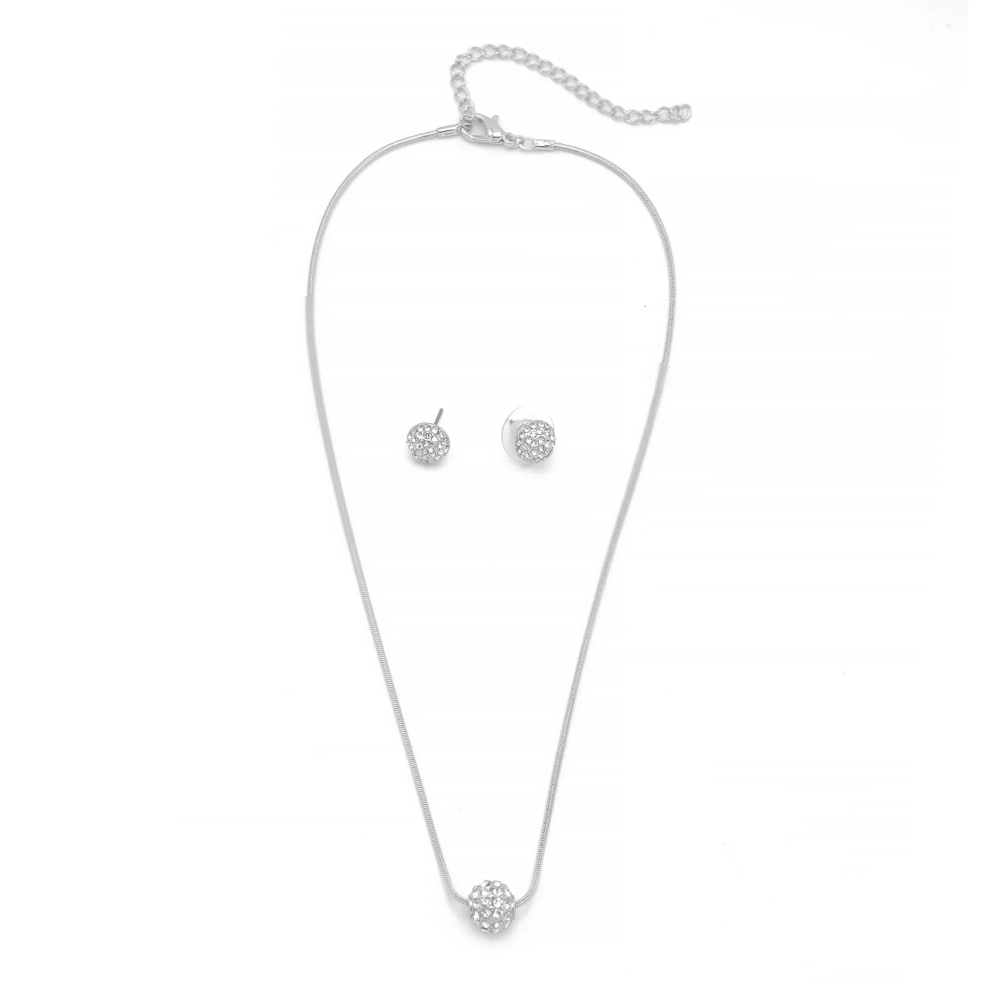 SILVER Pave Crystal Ball Pendant Necklace And Earrings Set #HNN E3155-SIL/CRY (RD17/RC18)