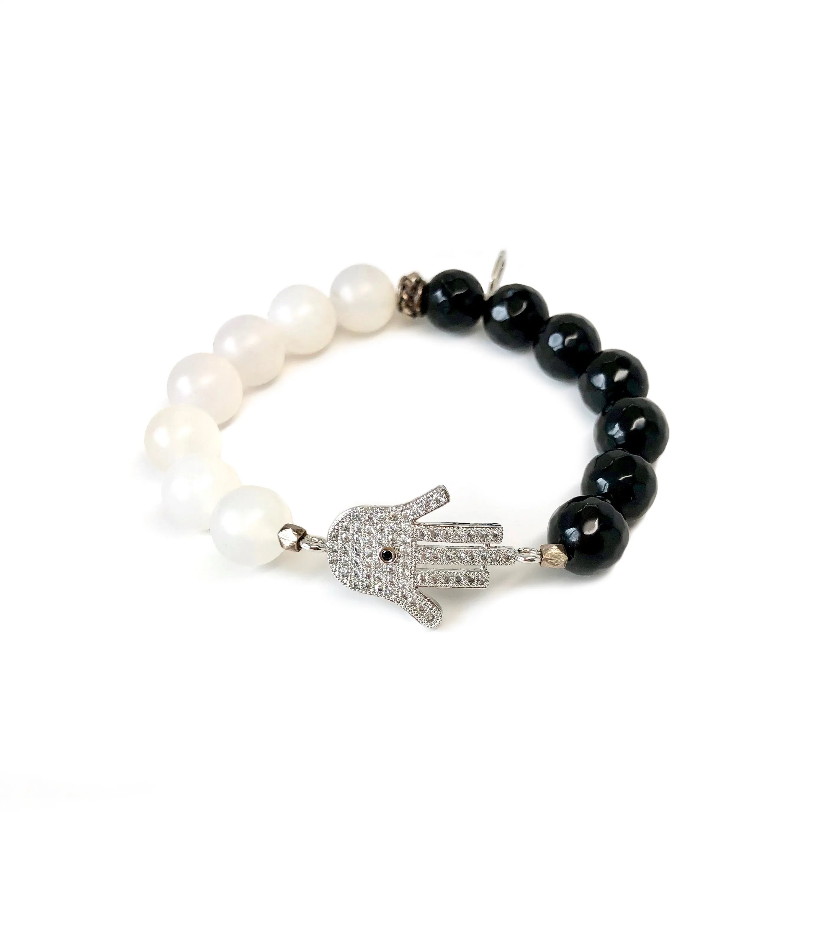 Silver Sideways Hamsa on Black & White Bracelet
