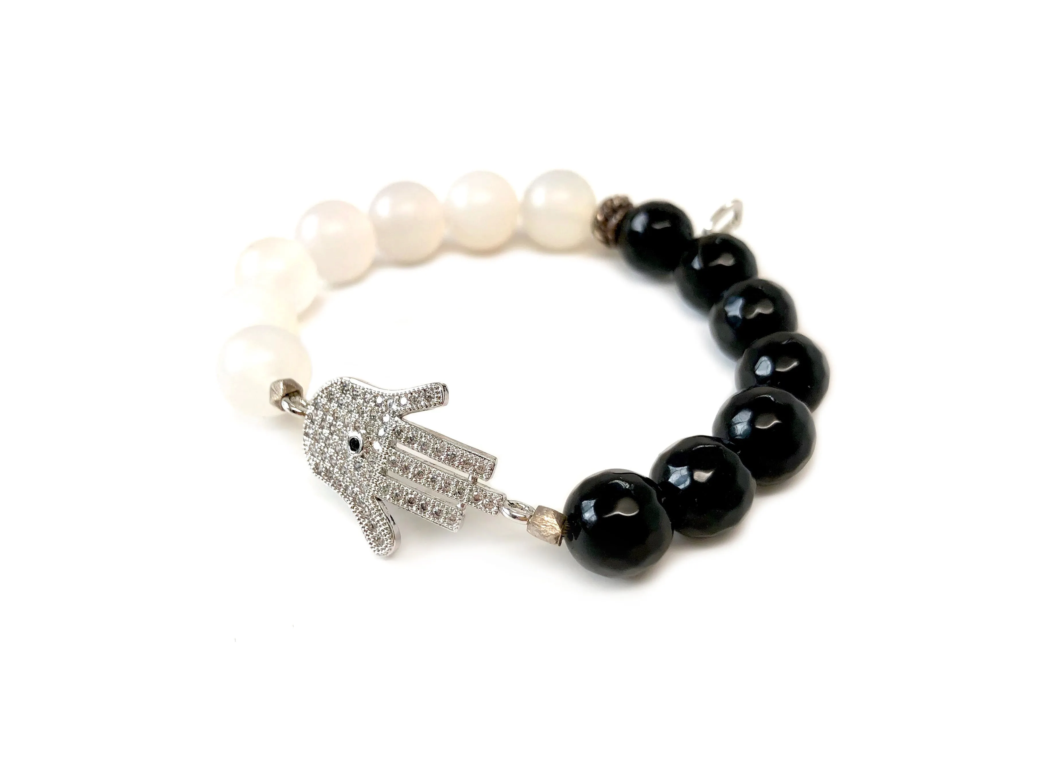 Silver Sideways Hamsa on Black & White Bracelet