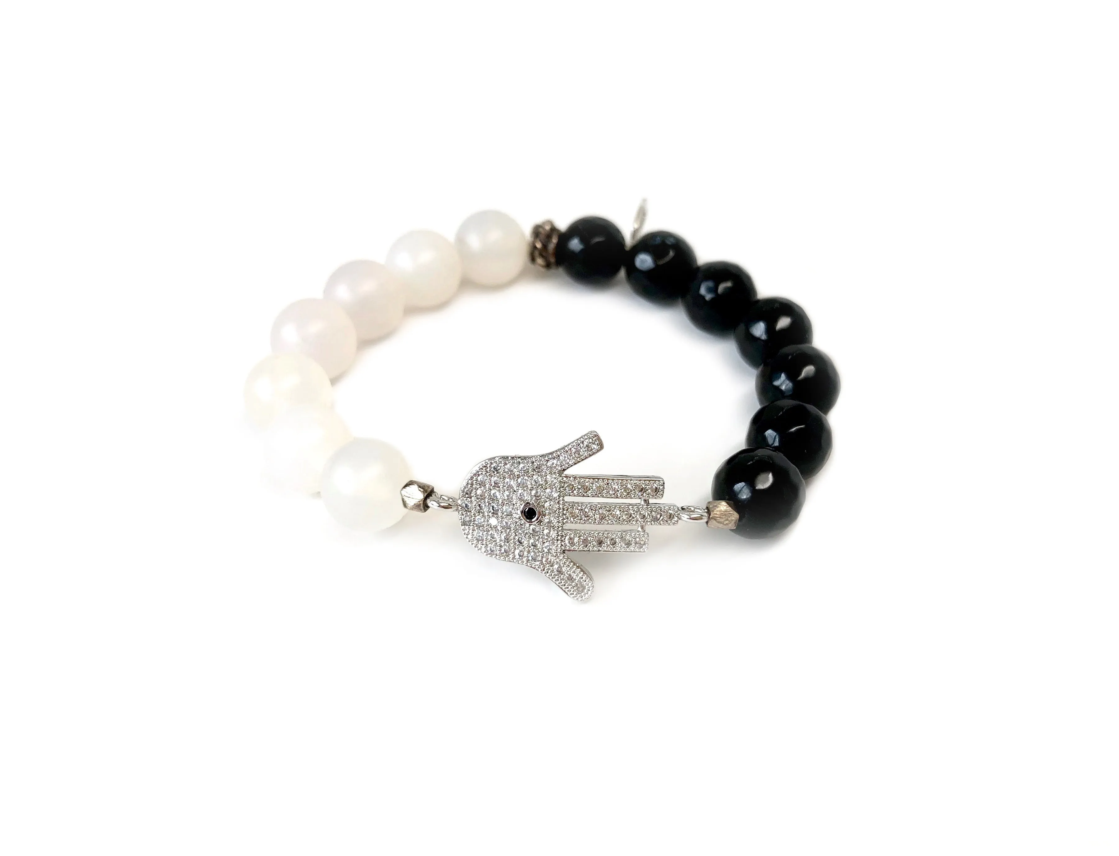 Silver Sideways Hamsa on Black & White Bracelet