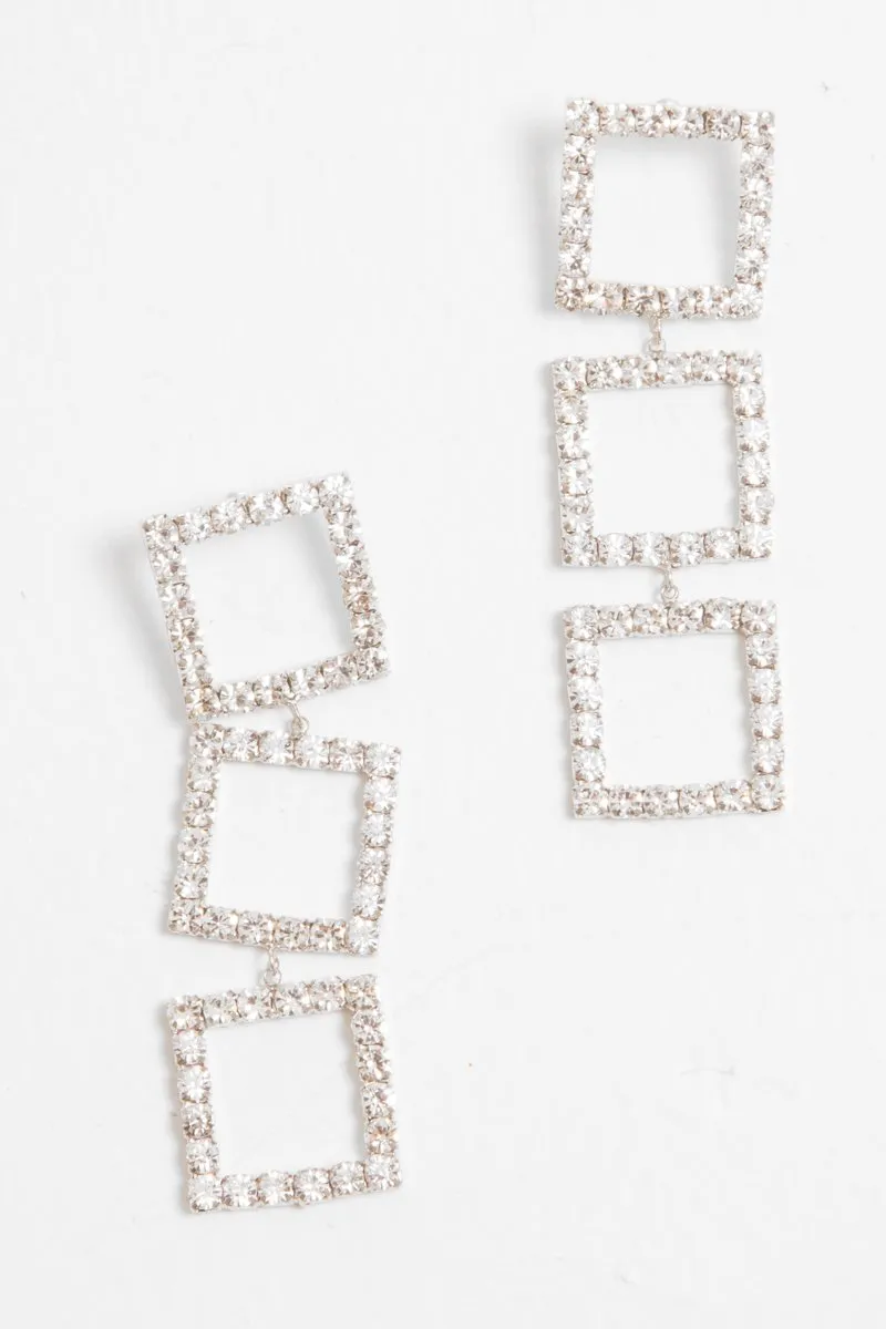 Silver Square Drop Diamante Embellished Earrings - Euna