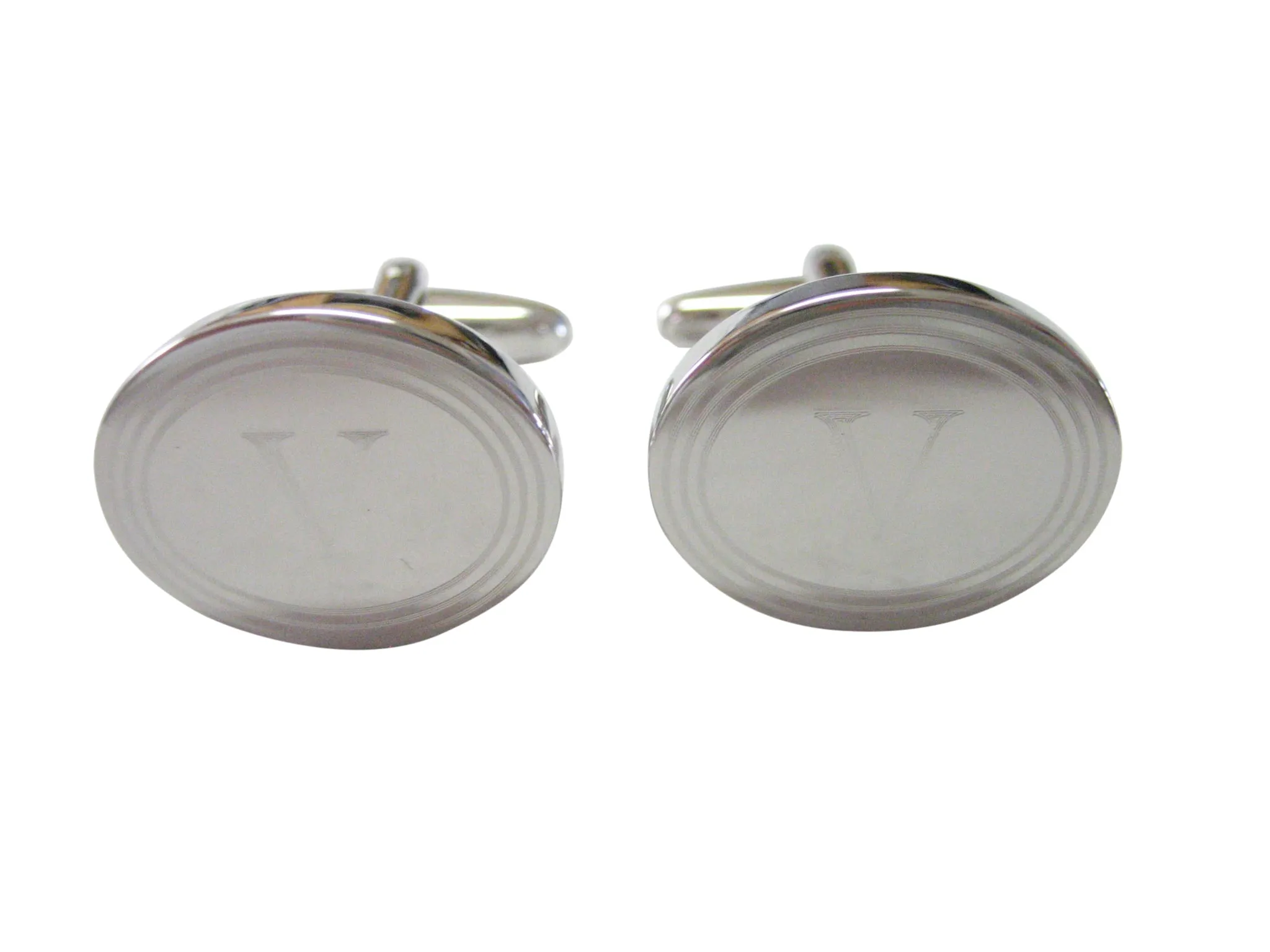 Silver Toned Etched Oval Letter V Monogram Cufflinks