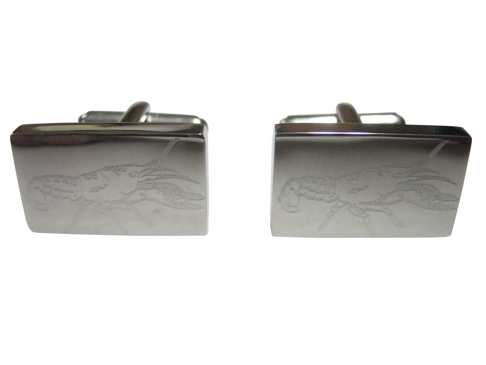 Silver Toned Rectangular Etched Crayfish Crawfish Crawdad Cufflinks