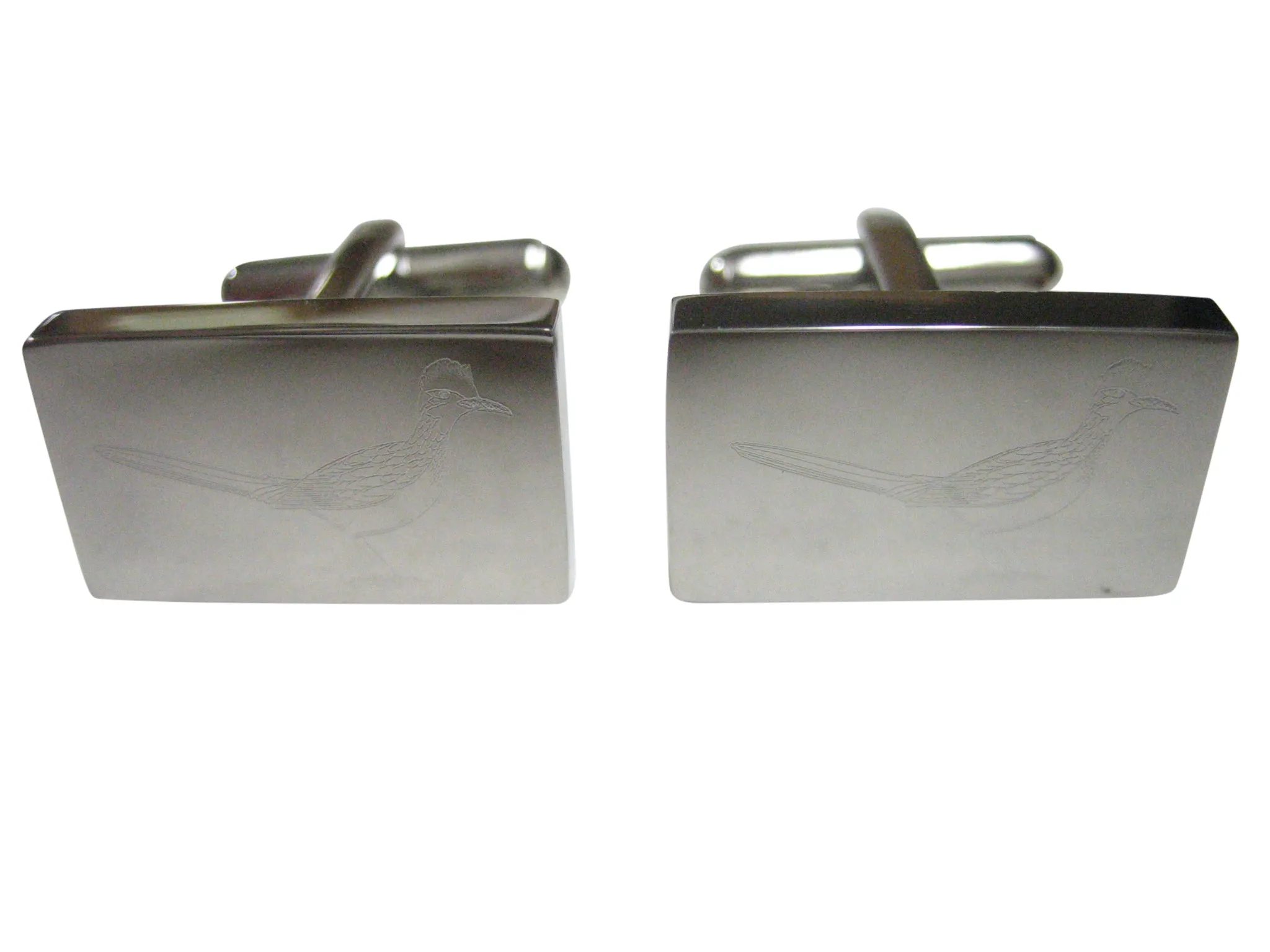 Silver Toned Rectangular Etched Roadrunner Bird Cufflinks
