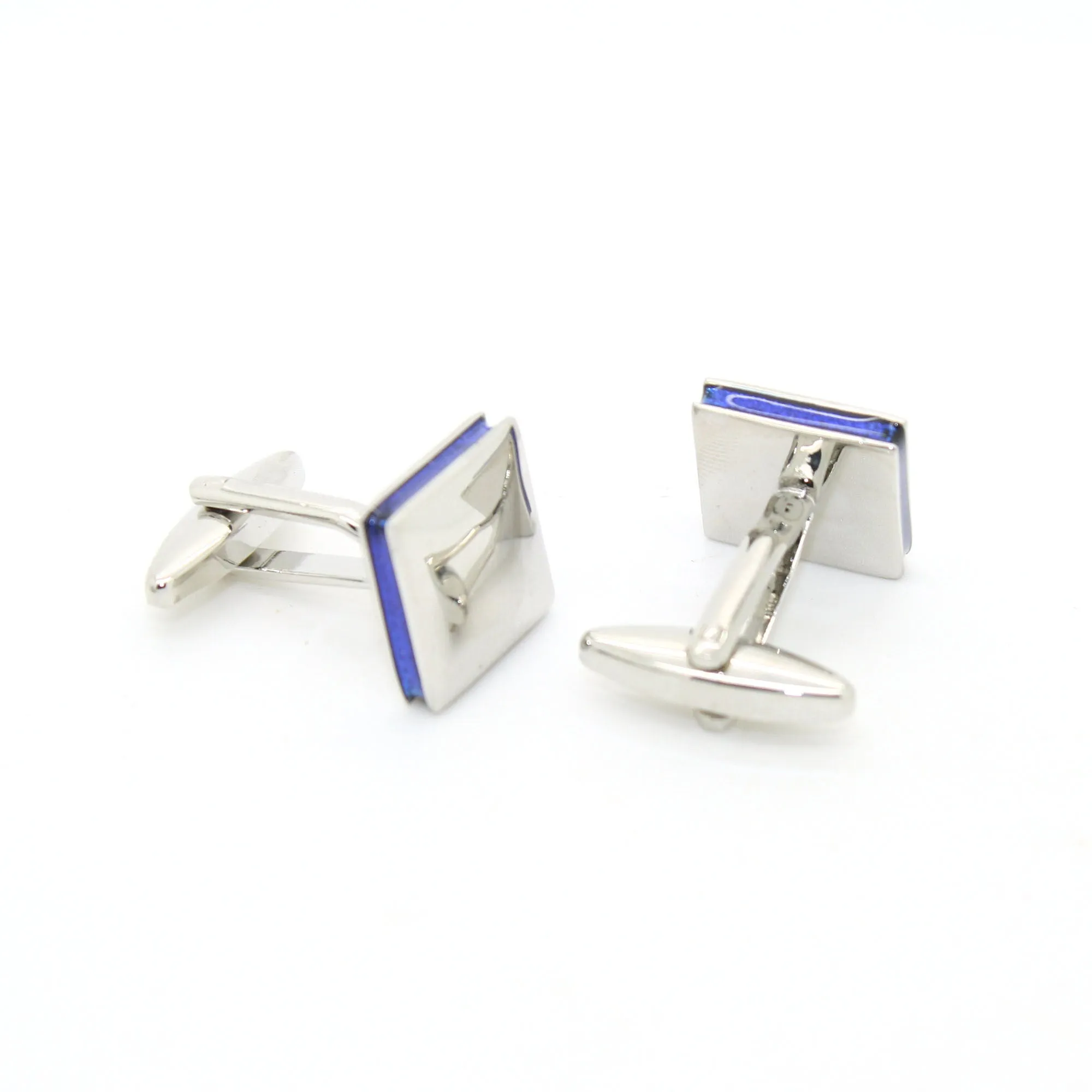 Silvertone Blue Lining Cuff Links With Jewelry Box