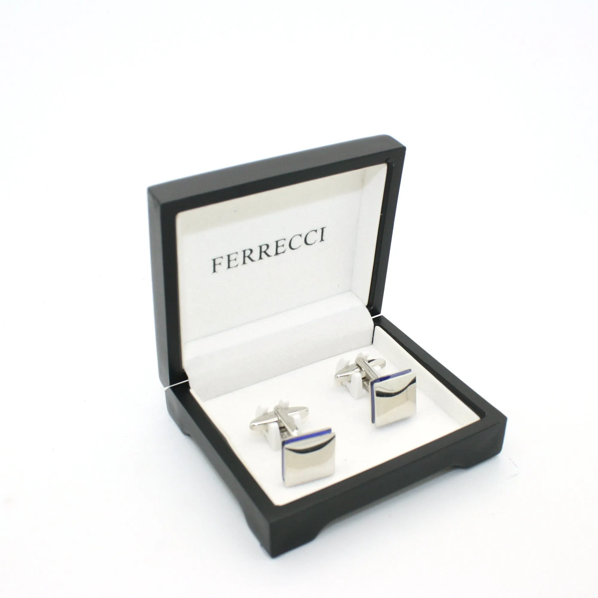 Silvertone Blue Lining Cuff Links With Jewelry Box