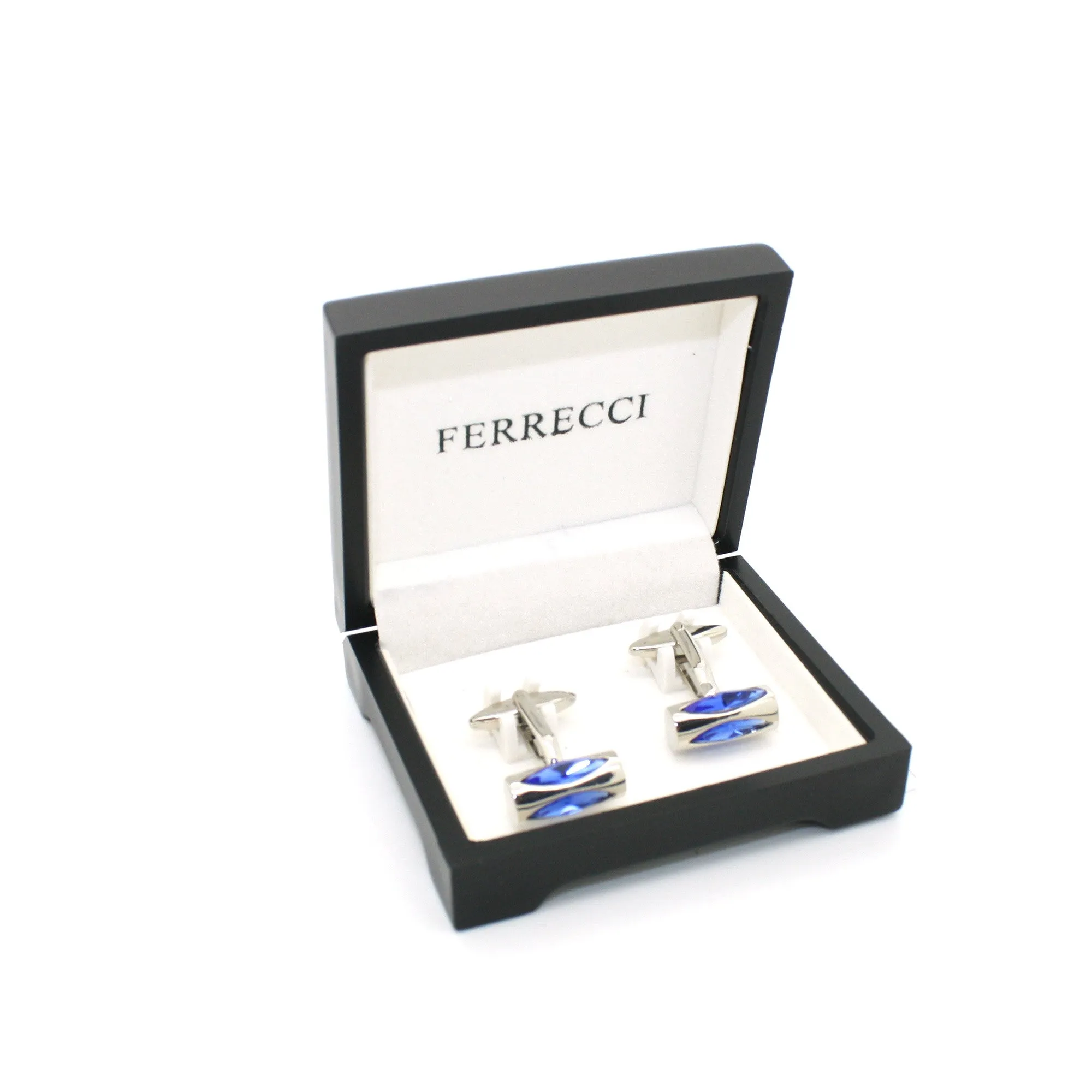 Silvertone Blue Opal Cuff Links With Jewelry Box