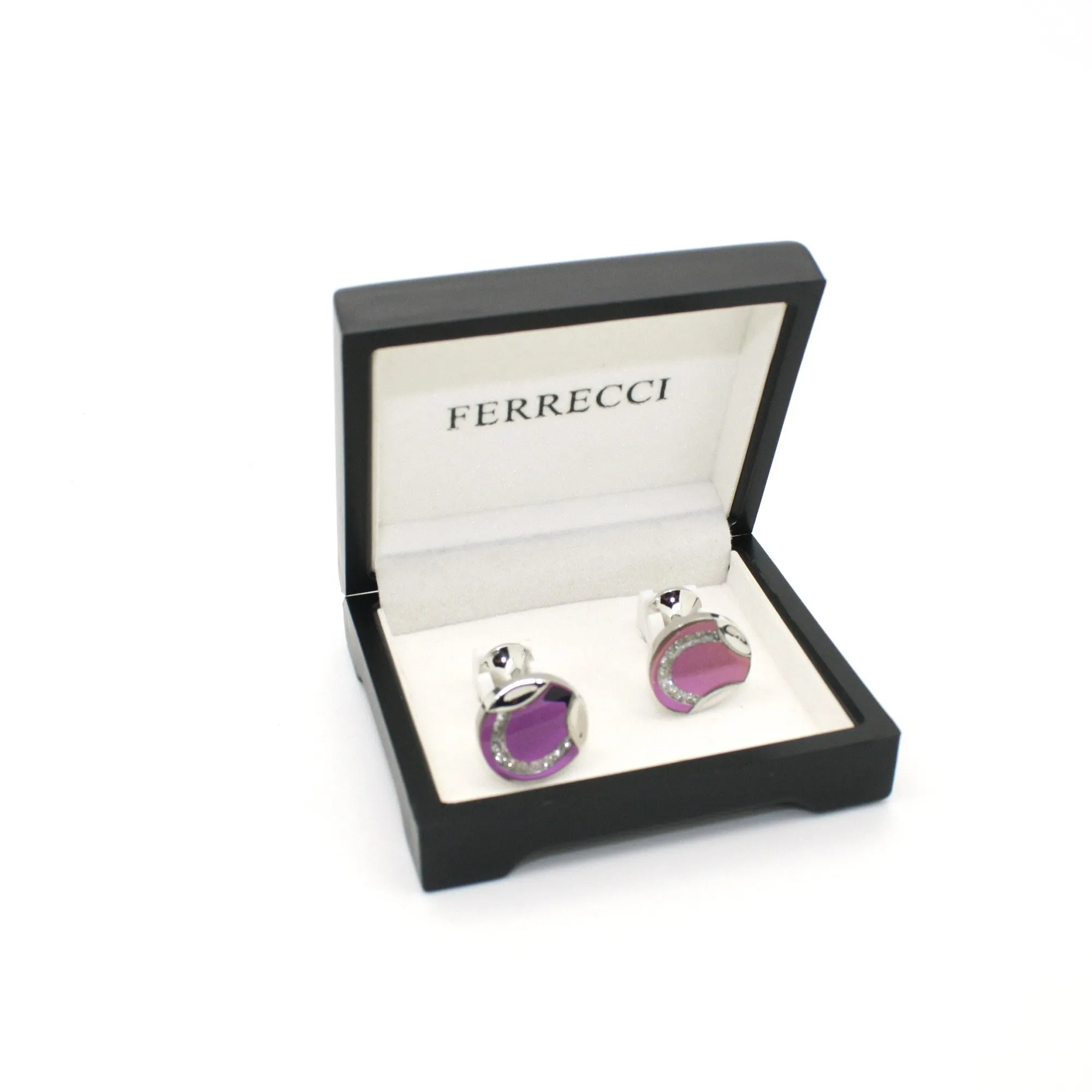 Silvertone Purple Glass Cuff Links With Jewelry Box