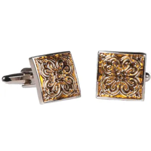 Silvertone Square Geometric Pattern Cufflinks with Jewelry Box