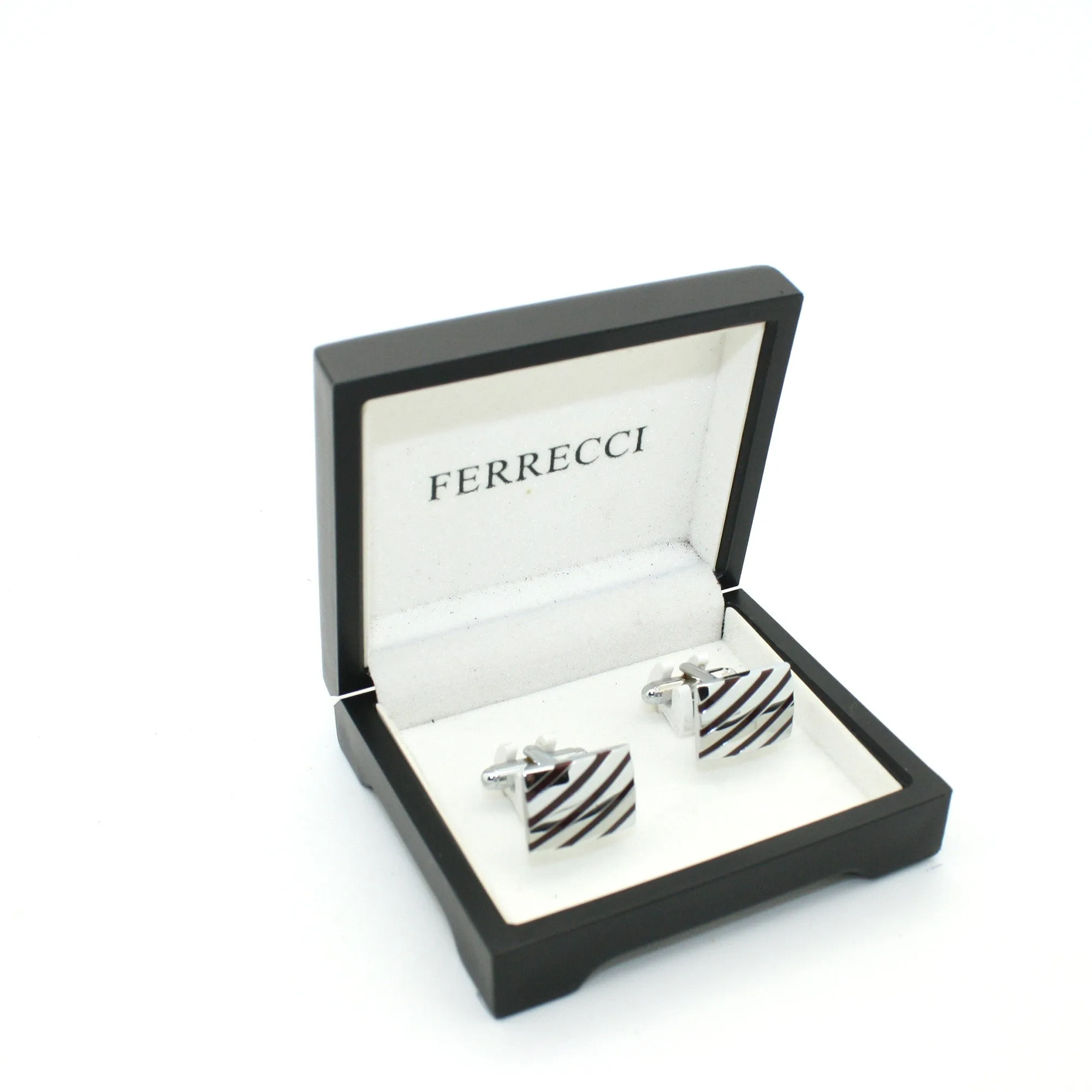Silvertone Stripe Cuff Links With Jewelry Box