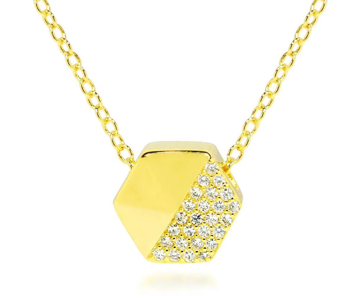 Small Hexagon Pavé Crystal Gold Necklace